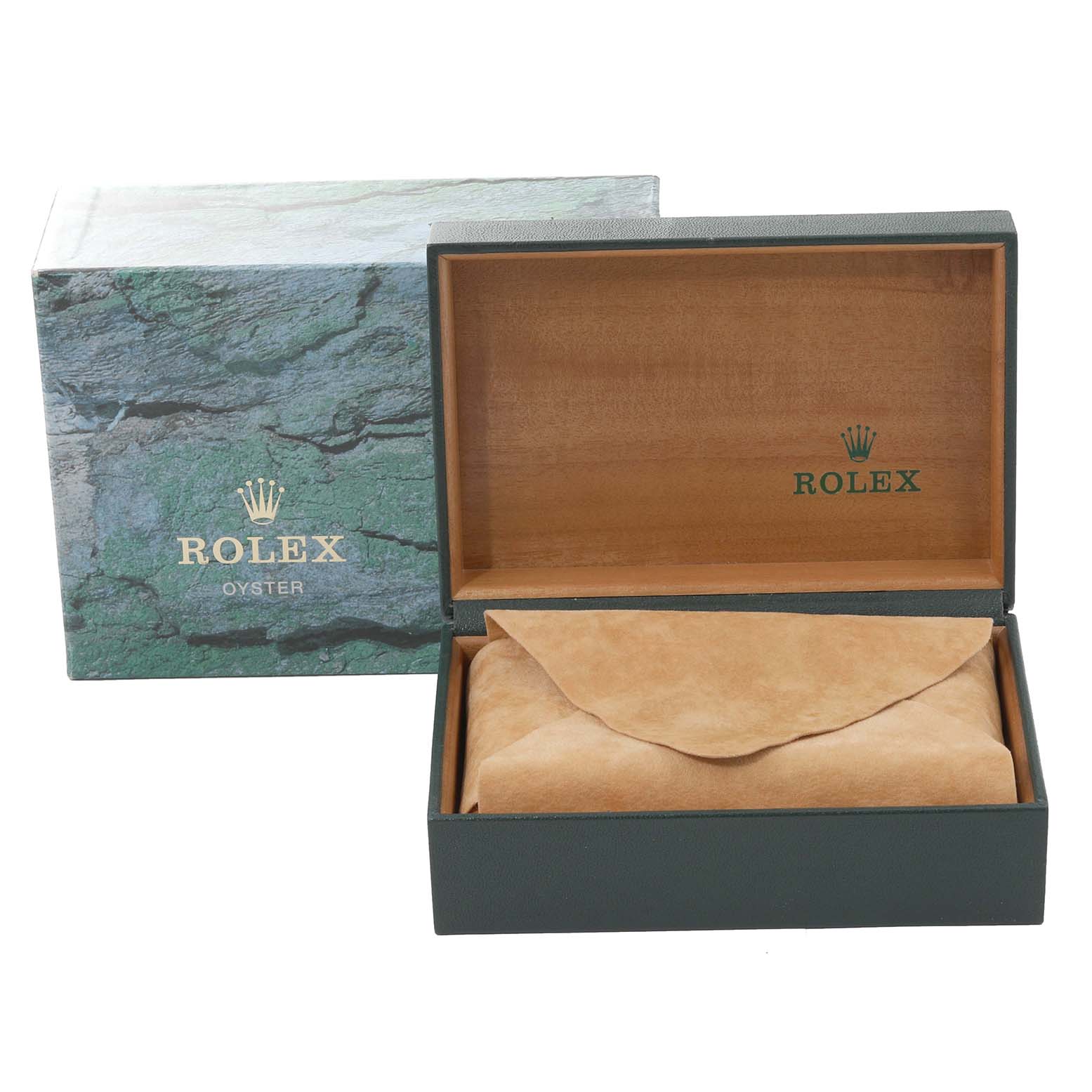 This image shows the packaging box of a Rolex Datejust 16233 Men's Steel and Gold (two tone) White Dial 16233 Men's Steel and Gold (two tone) White Dial watch, including an outer box and an inner wooden box with a suede pillow.