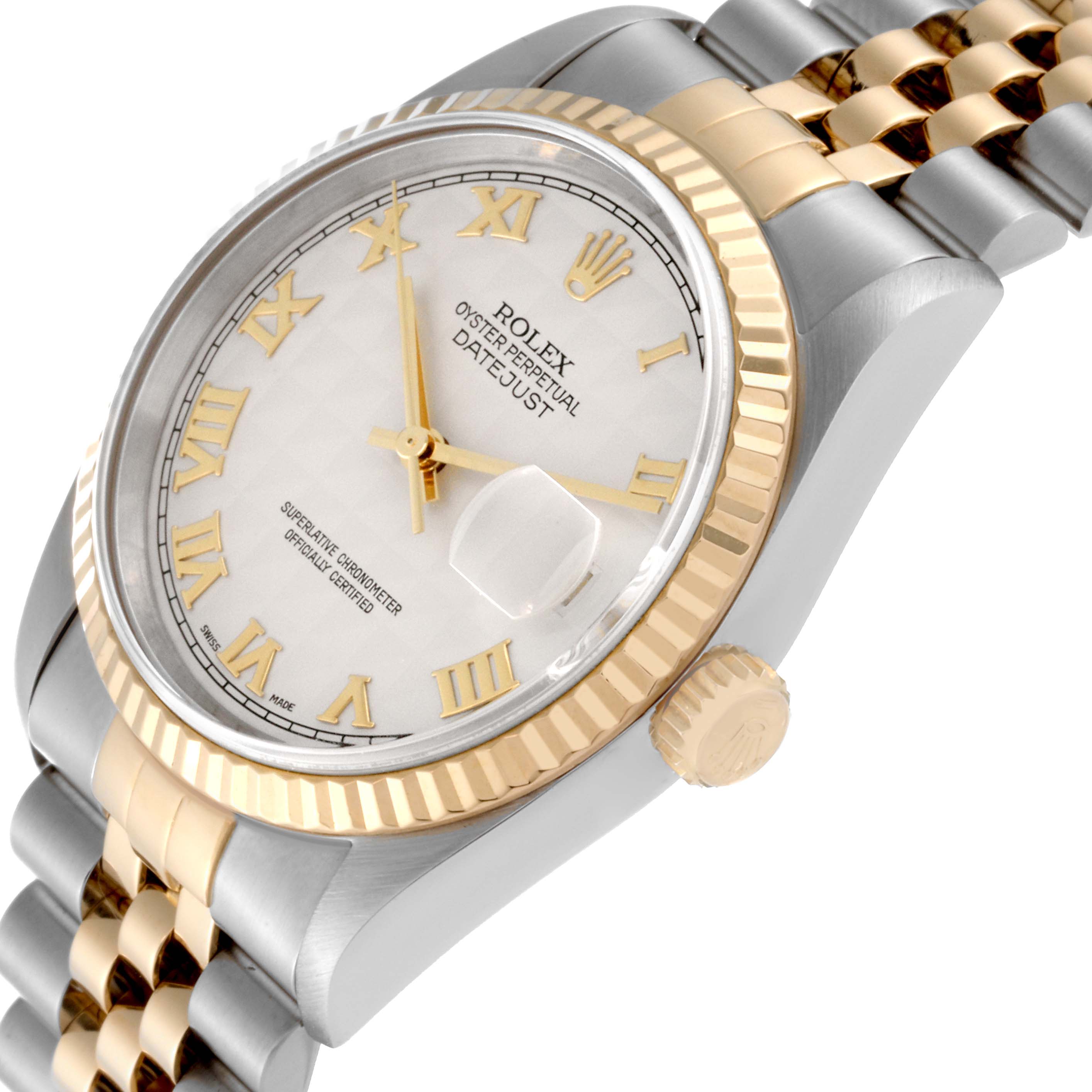 The Rolex Datejust 16233 Men's Steel and Gold (two tone) White Dial 16233 Men's Steel and Gold (two tone) White Dial watch is shown at an angled view displaying its face, fluted bezel, crown, and two-tone bracelet.