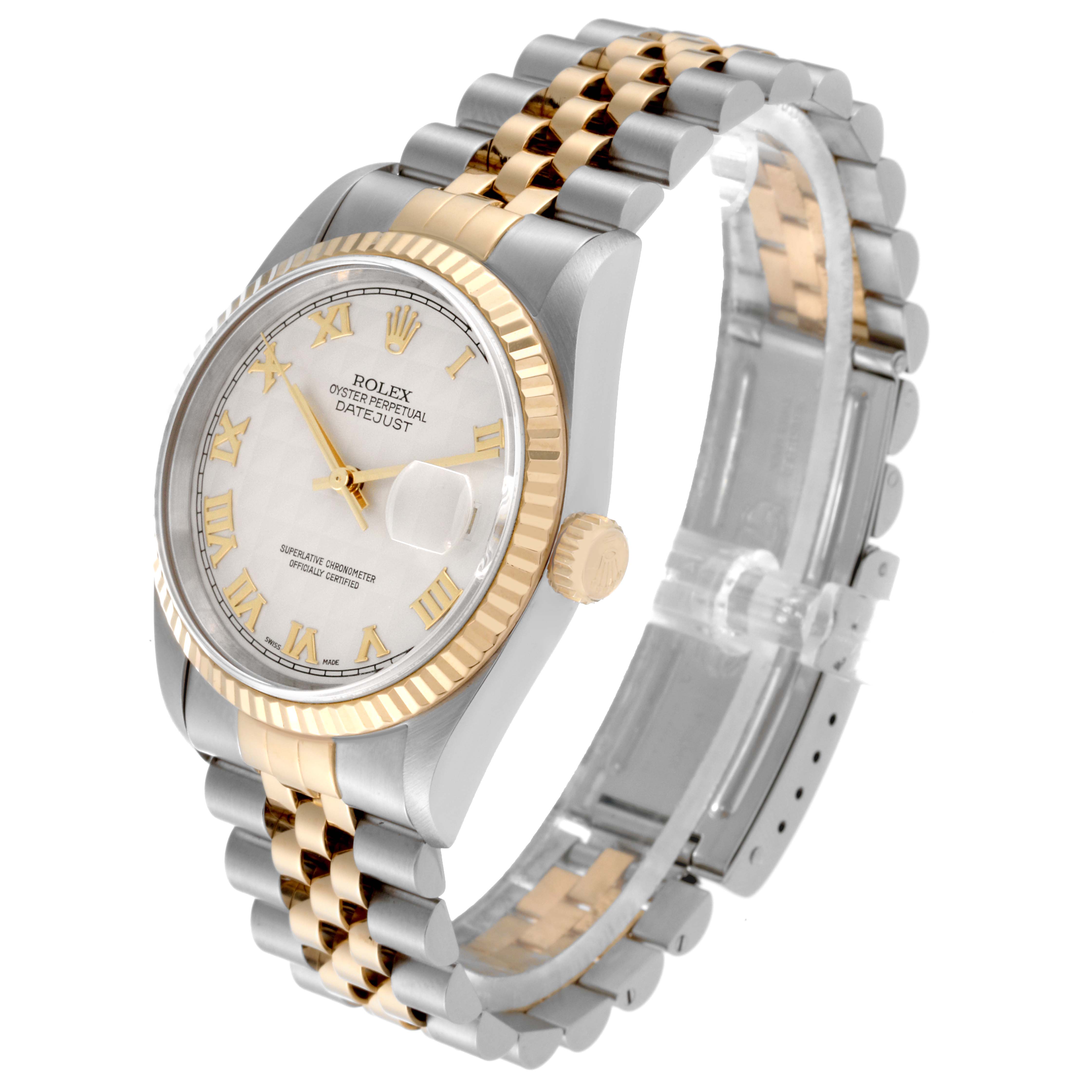 The image shows a Rolex Datejust 16233 Men's Steel and Gold (two tone) White Dial 16233 Men's Steel and Gold (two tone) White Dial watch at a three-quarter angle, highlighting the dial, bezel, crown, and two-tone bracelet.