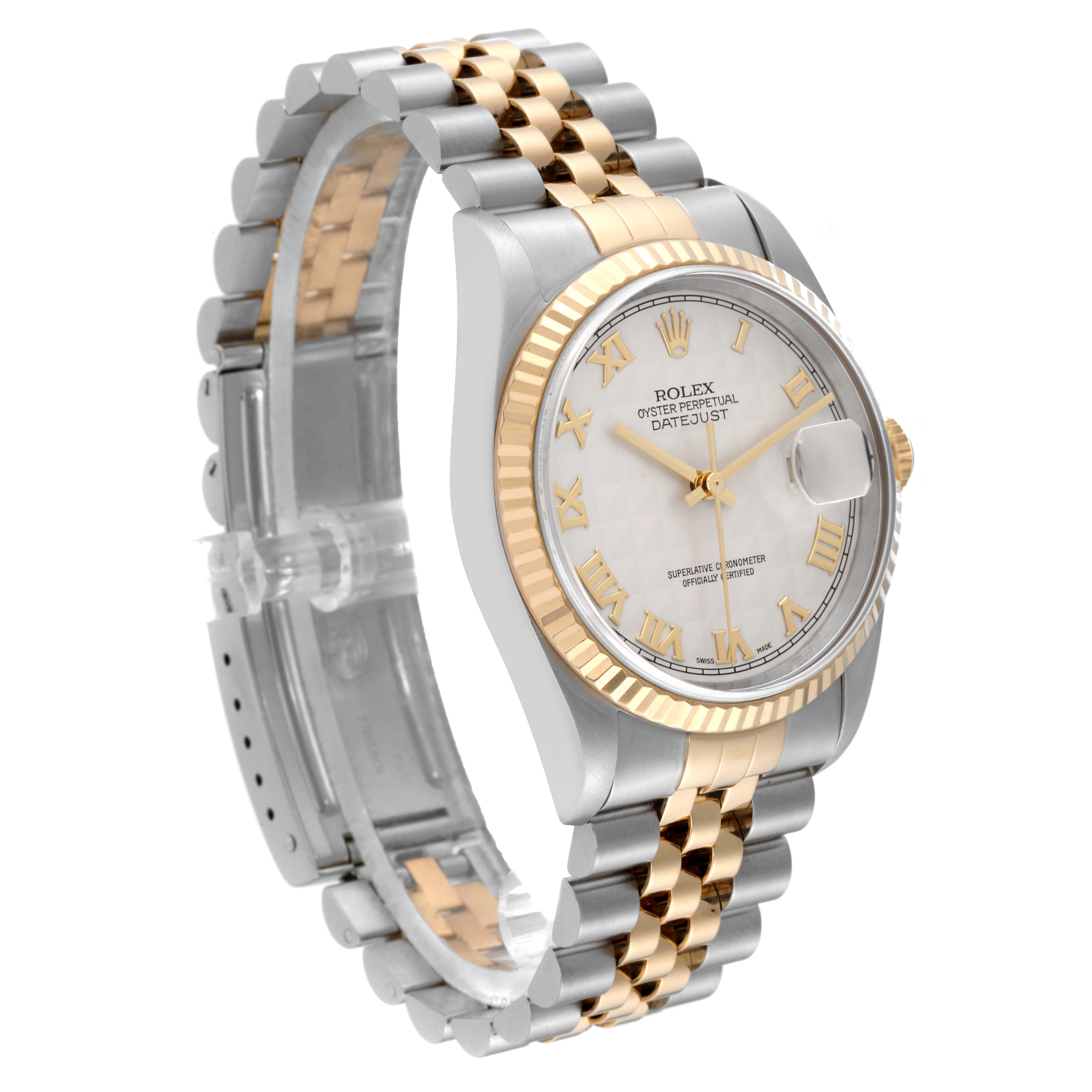 This image shows a Rolex Datejust 16233 Men's Steel and Gold (two tone) White Dial 16233 Men's Steel and Gold (two tone) White Dial watch angled to display its face, fluted bezel, and two-tone bracelet.