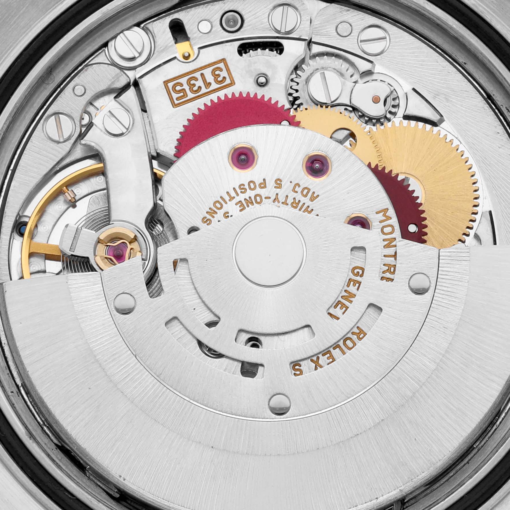 This image shows the intricate internal mechanics of a Rolex Datejust 16233 Men's Steel and Gold (two tone) White Dial 16233 Men's Steel and Gold (two tone) White Dial watch, focusing on the movement components from a top view.