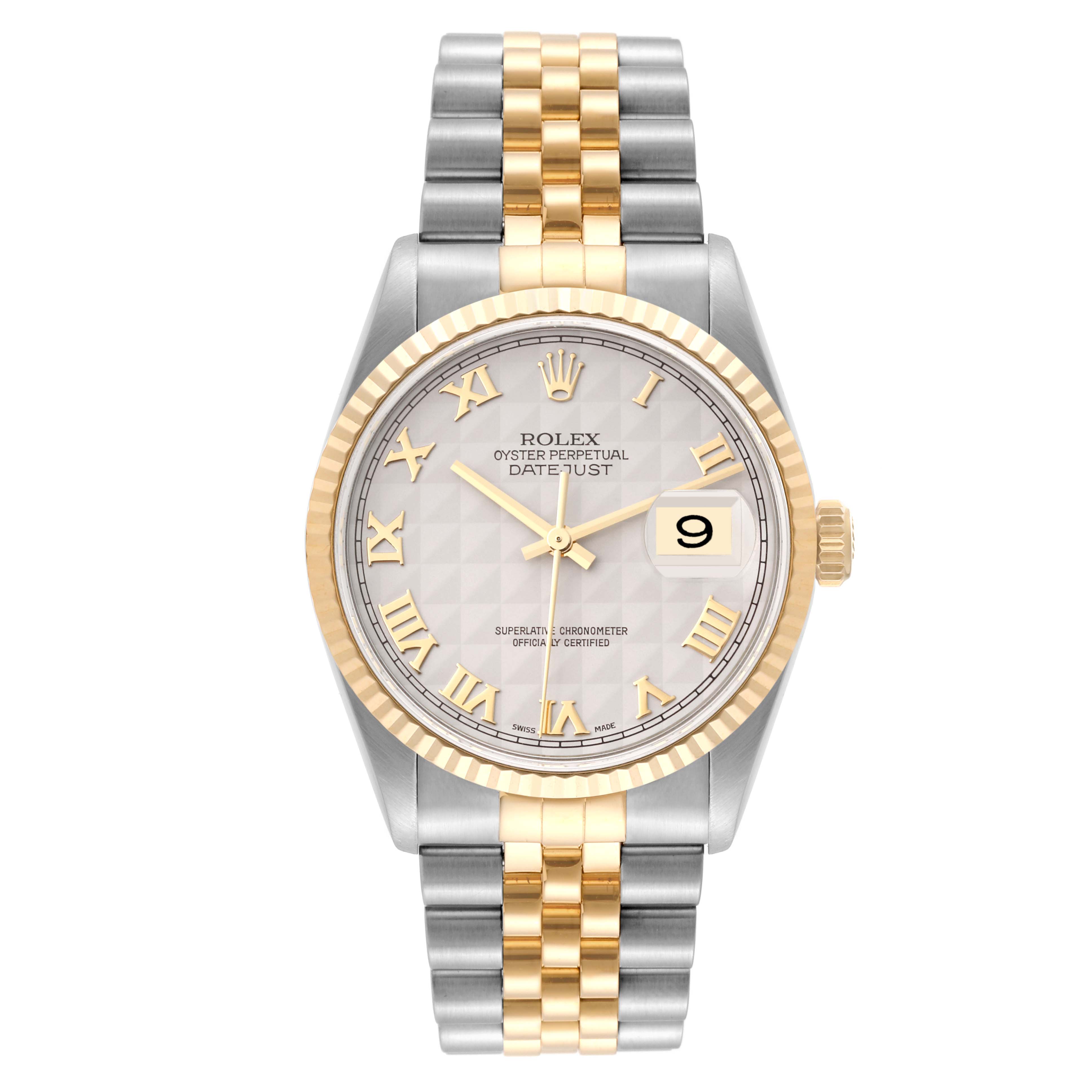 The Rolex Datejust 16233 Men's Steel and Gold (two tone) White Dial 16233 Men's Steel and Gold (two tone) White Dial watch is shown from a front angle, displaying the face, bezel, and bracelet clearly.