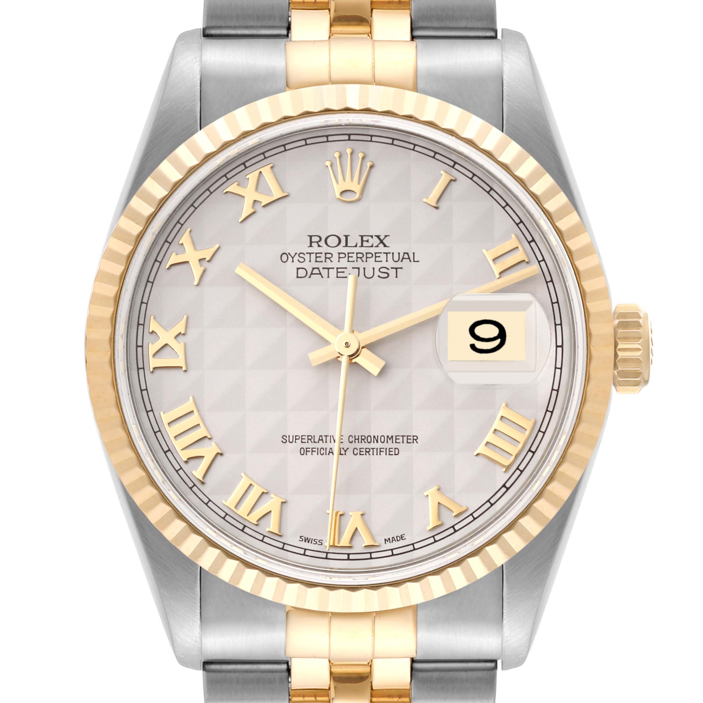 This image shows the face and bezel of a Rolex Datejust 16233 Men's Steel and Gold (two tone) White Dial 16233 Men's Steel and Gold (two tone) White Dial watch, focusing on the Roman numerals, date, and two-tone bracelet.