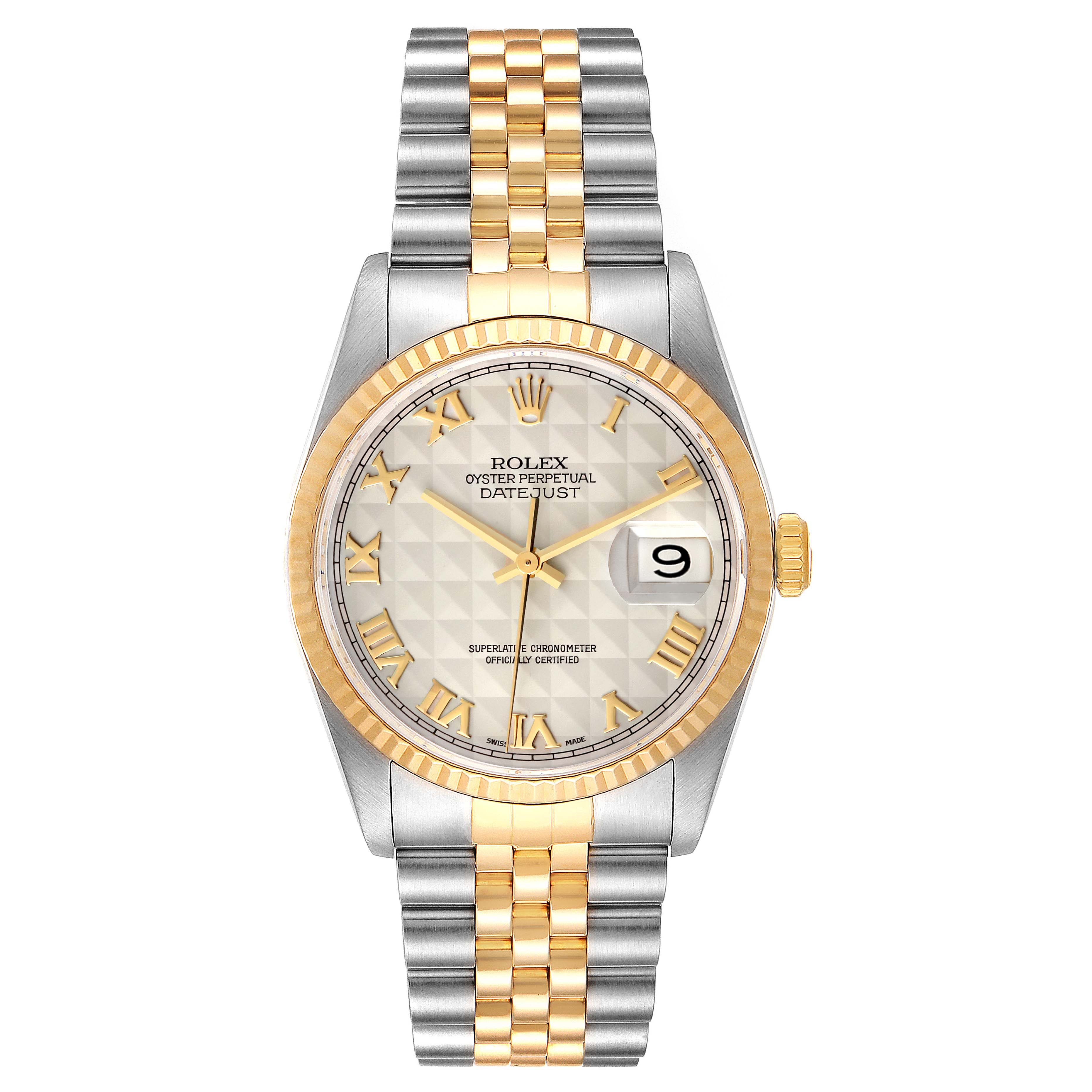 The image shows a front view of a Rolex Datejust 16233 Men's Steel and Gold (two tone) Beige Dial 16233 Men's Steel and Gold (two tone) Beige Dial watch with a two-tone bracelet and fluted bezel.