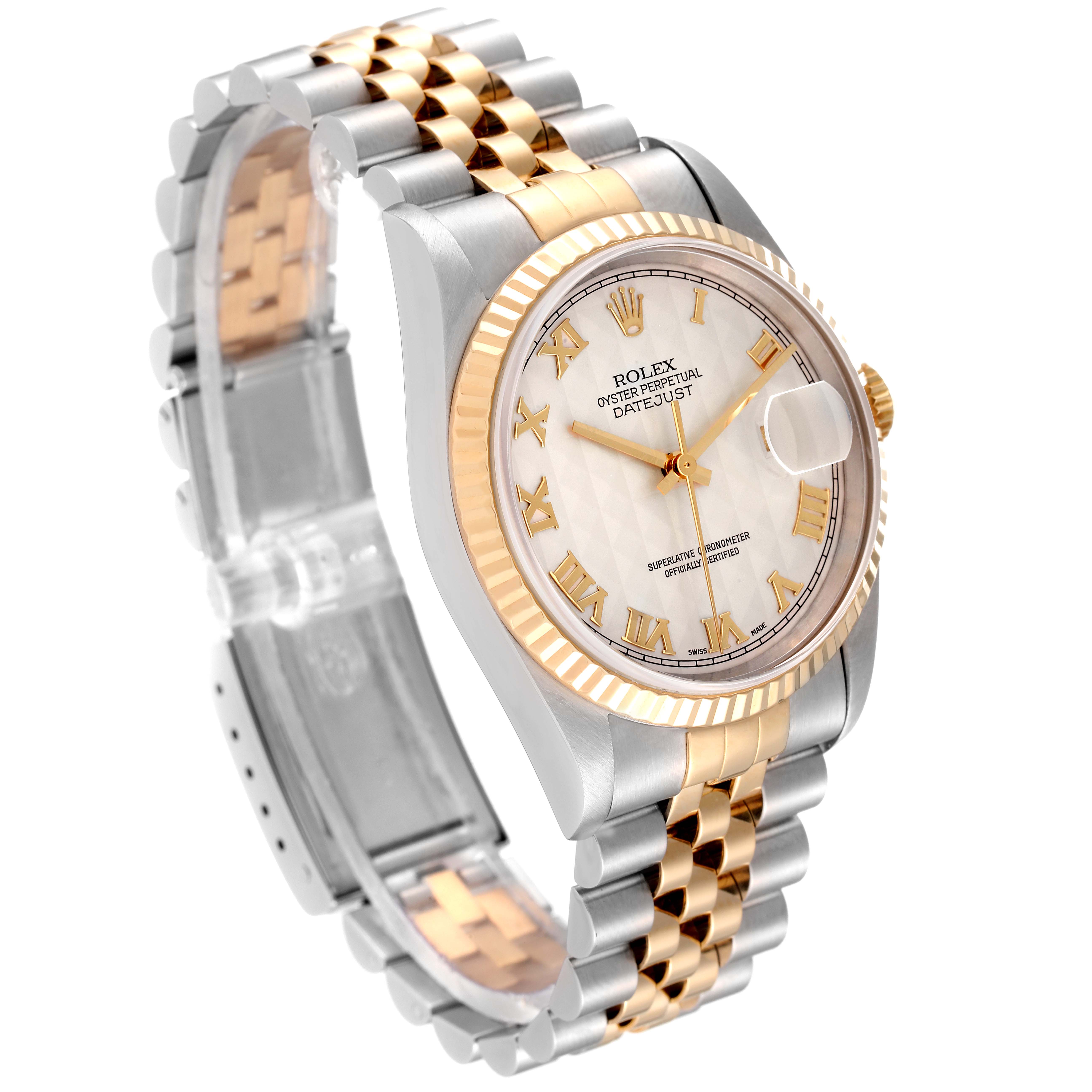 The image shows a Rolex Datejust 16233 Men's Steel and Gold (two tone) Beige Dial 16233 Men's Steel and Gold (two tone) Beige Dial watch at a slight angle, highlighting its dial, bezel, case, and bracelet.