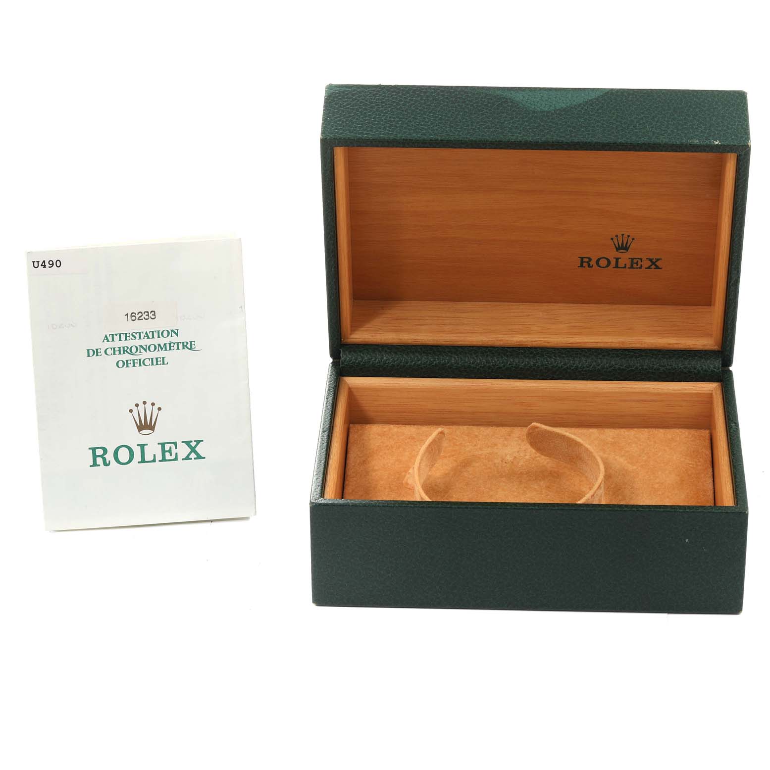 Rolex Datejust 16233 Men's Steel and Gold (two tone) Beige Dial 16233 Men's Steel and Gold (two tone) Beige Dial watch box shown at an angle revealing open interior along with a certificate booklet on the left.