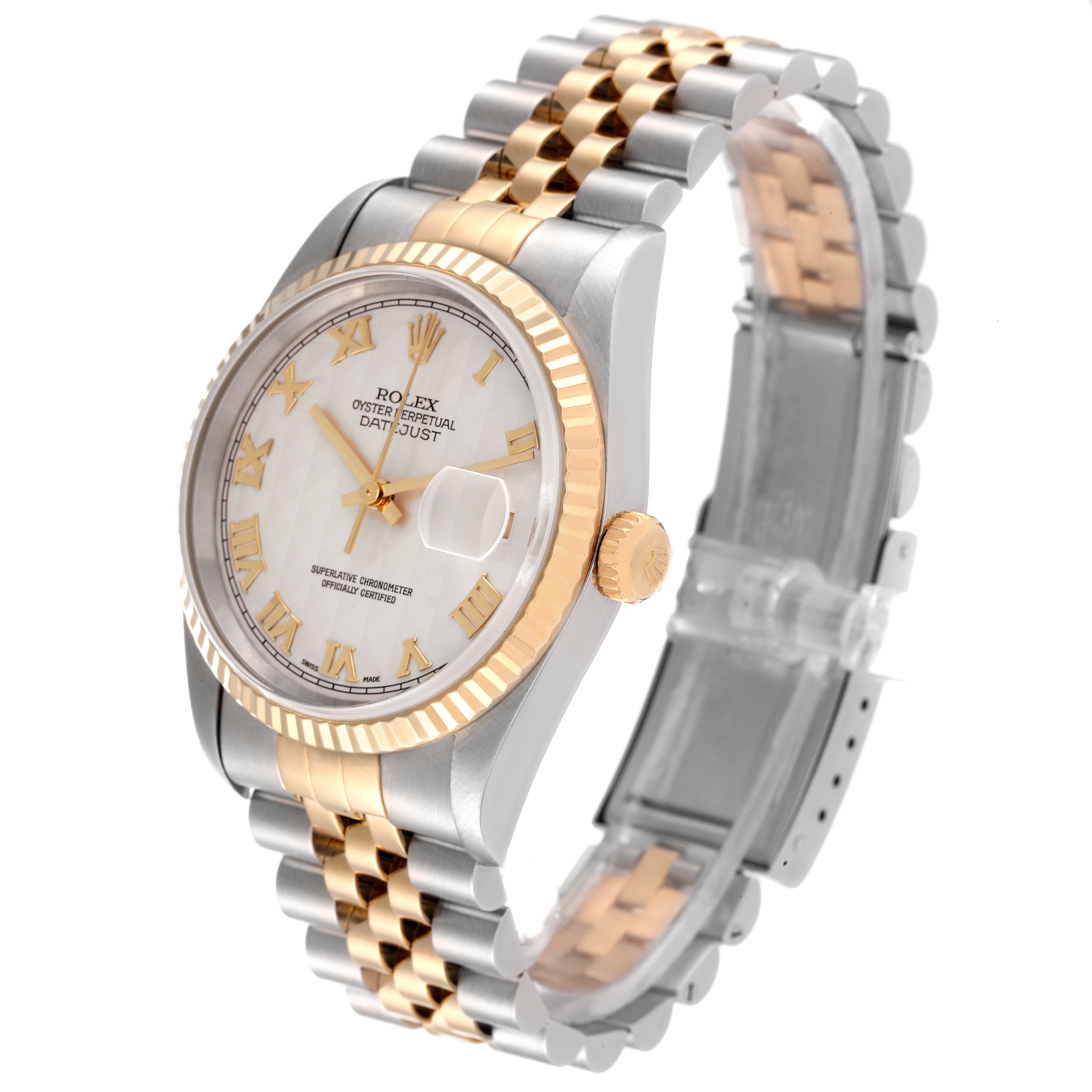 This Rolex Datejust 16233 Men's Steel and Gold (two tone) Beige Dial 16233 Men's Steel and Gold (two tone) Beige Dial watch is viewed at an angle showing the face, crown, and two-tone bracelet.