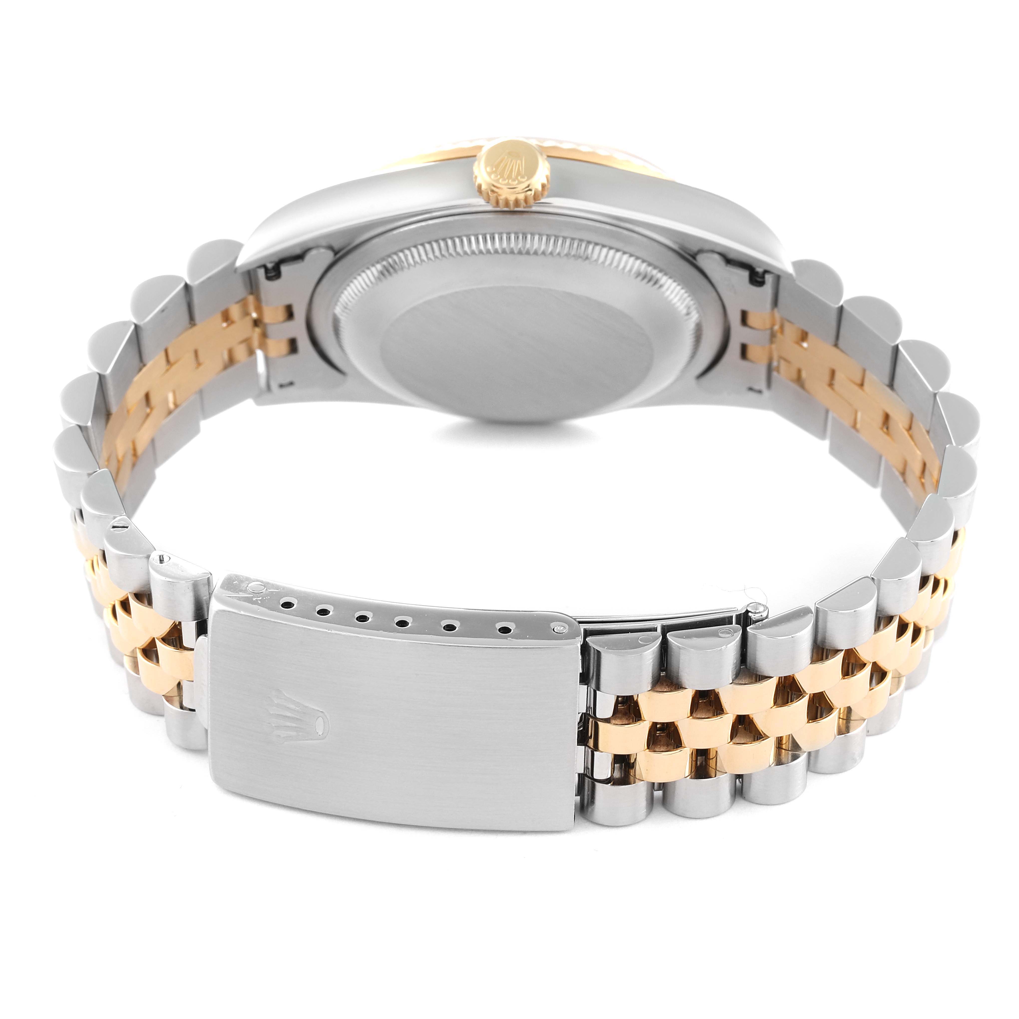 This image shows the back of the Rolex Datejust 16233 Men's Steel and Gold (two tone) Beige Dial 16233 Men's Steel and Gold (two tone) Beige Dial, including the case back, crown, and Jubilee bracelet with two-tone links.