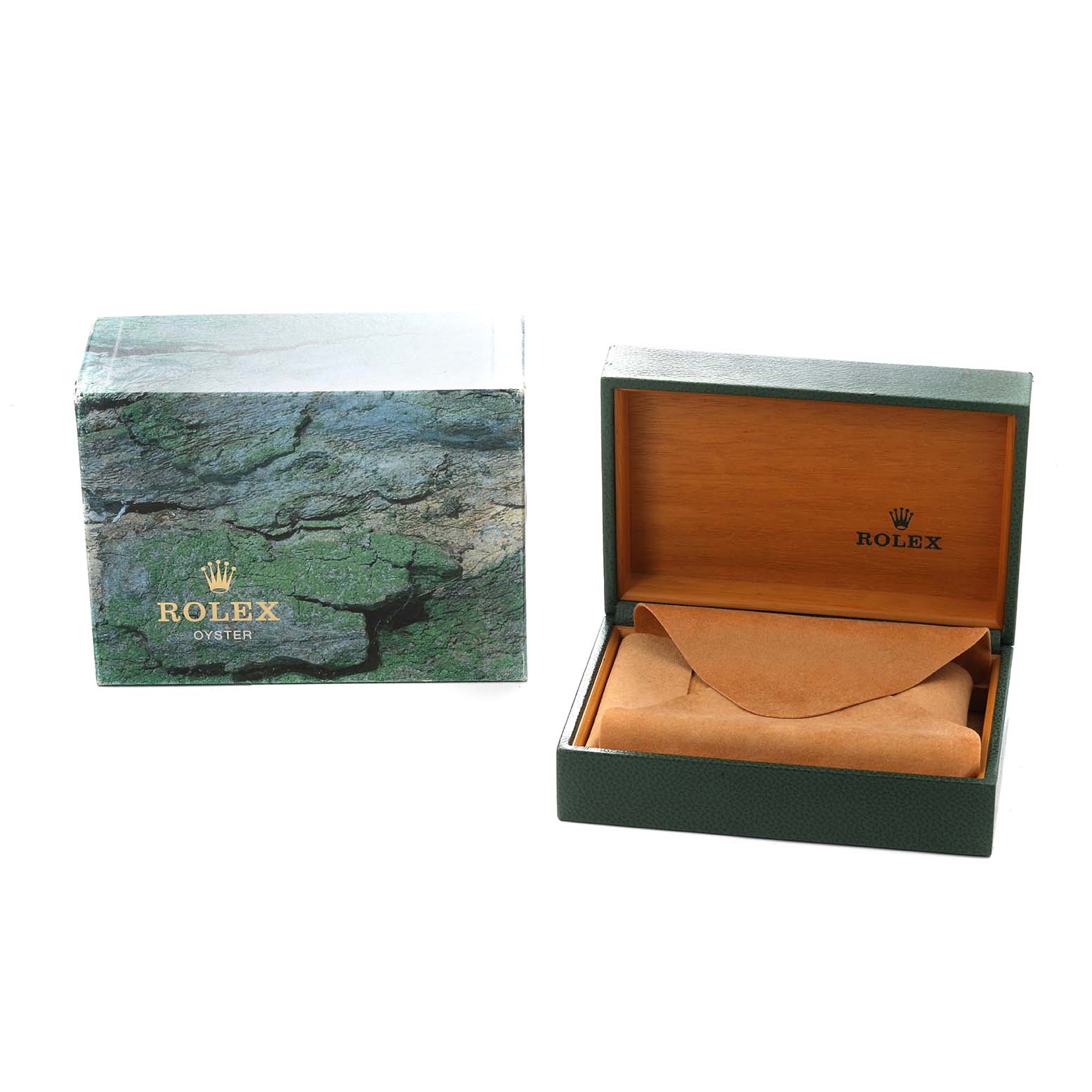 The image shows the packaging for a Rolex Datejust model 16233 men
s watch, including a textured outer box and an open inner box with a cushion.