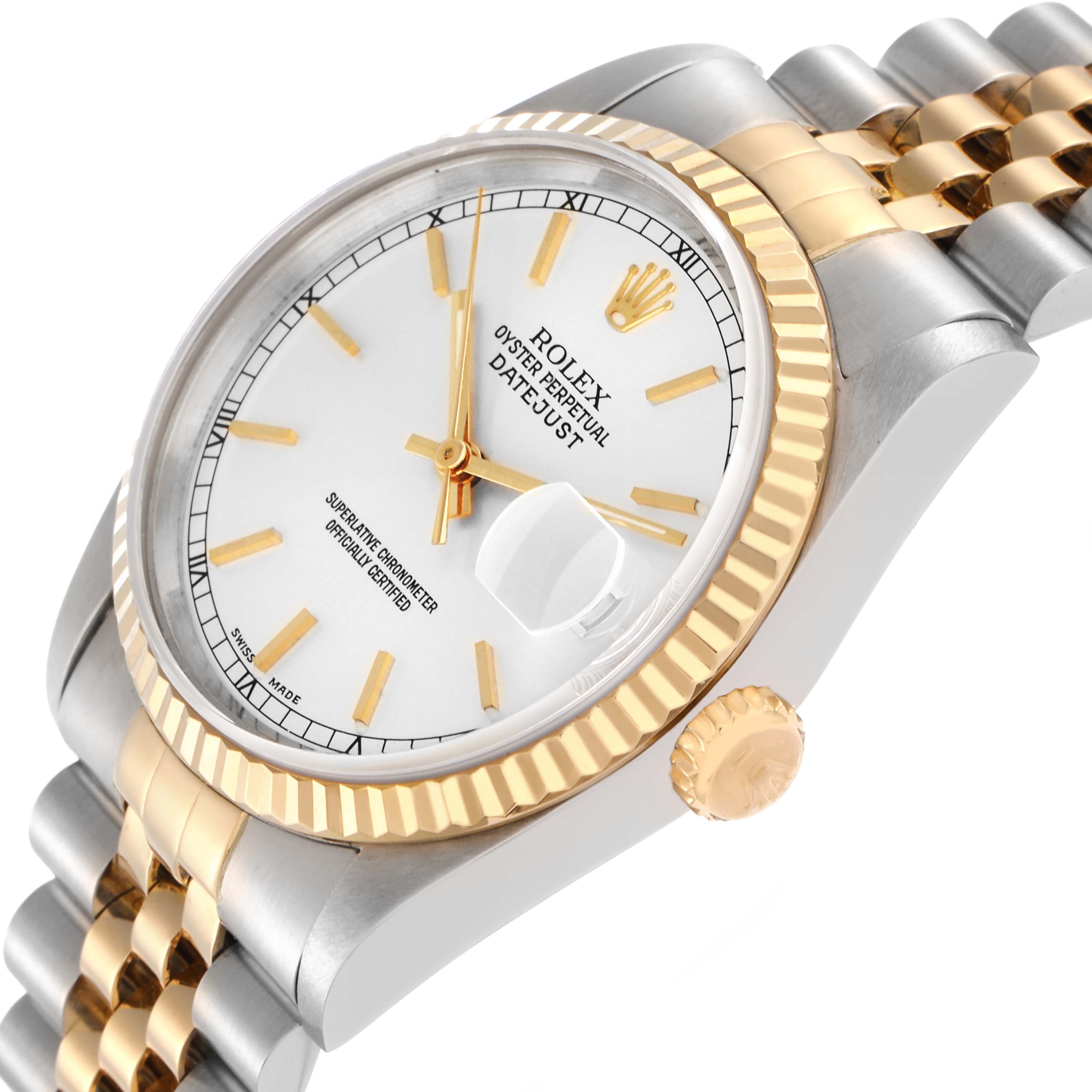 The image shows a Rolex Datejust model number 16233 at a slight side angle, highlighting the fluted bezel, the crown, and part of the jubilee bracelet.