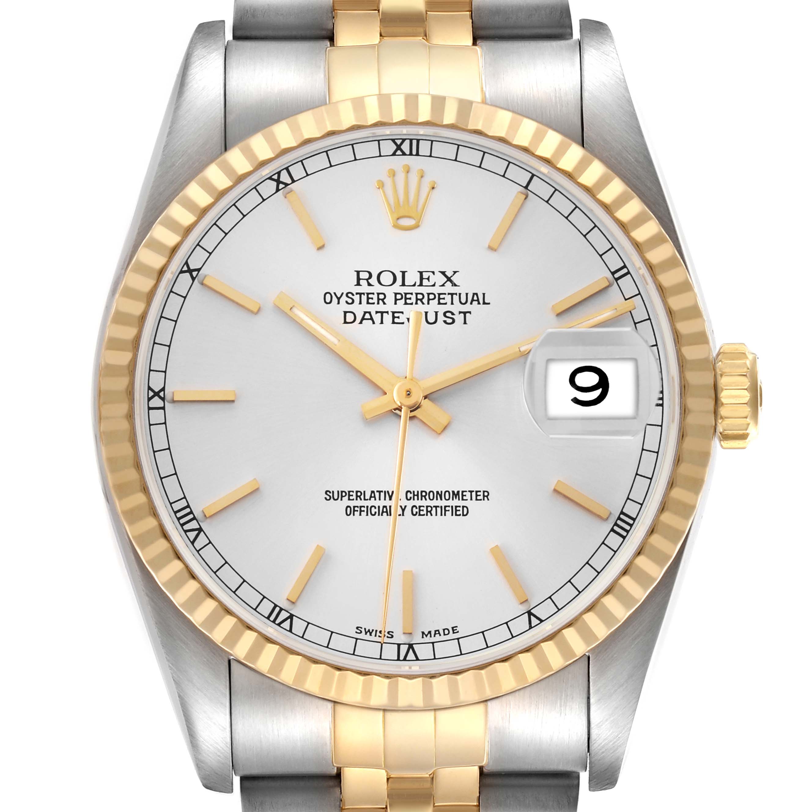 The Rolex Datejust model 16233 watch is shown from a front angle, displaying the dial, hands, bezel, crown, and part of the bracelet.