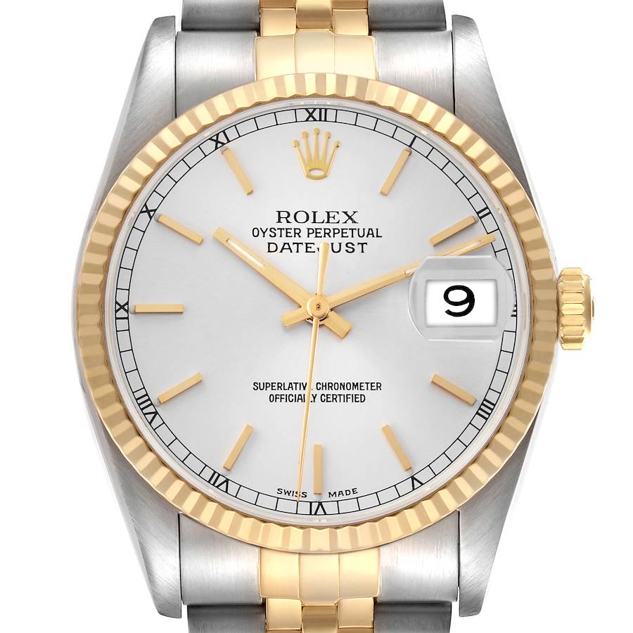 The Rolex Datejust model 16233 watch is shown from a front angle, displaying the dial, hands, bezel, crown, and part of the bracelet.