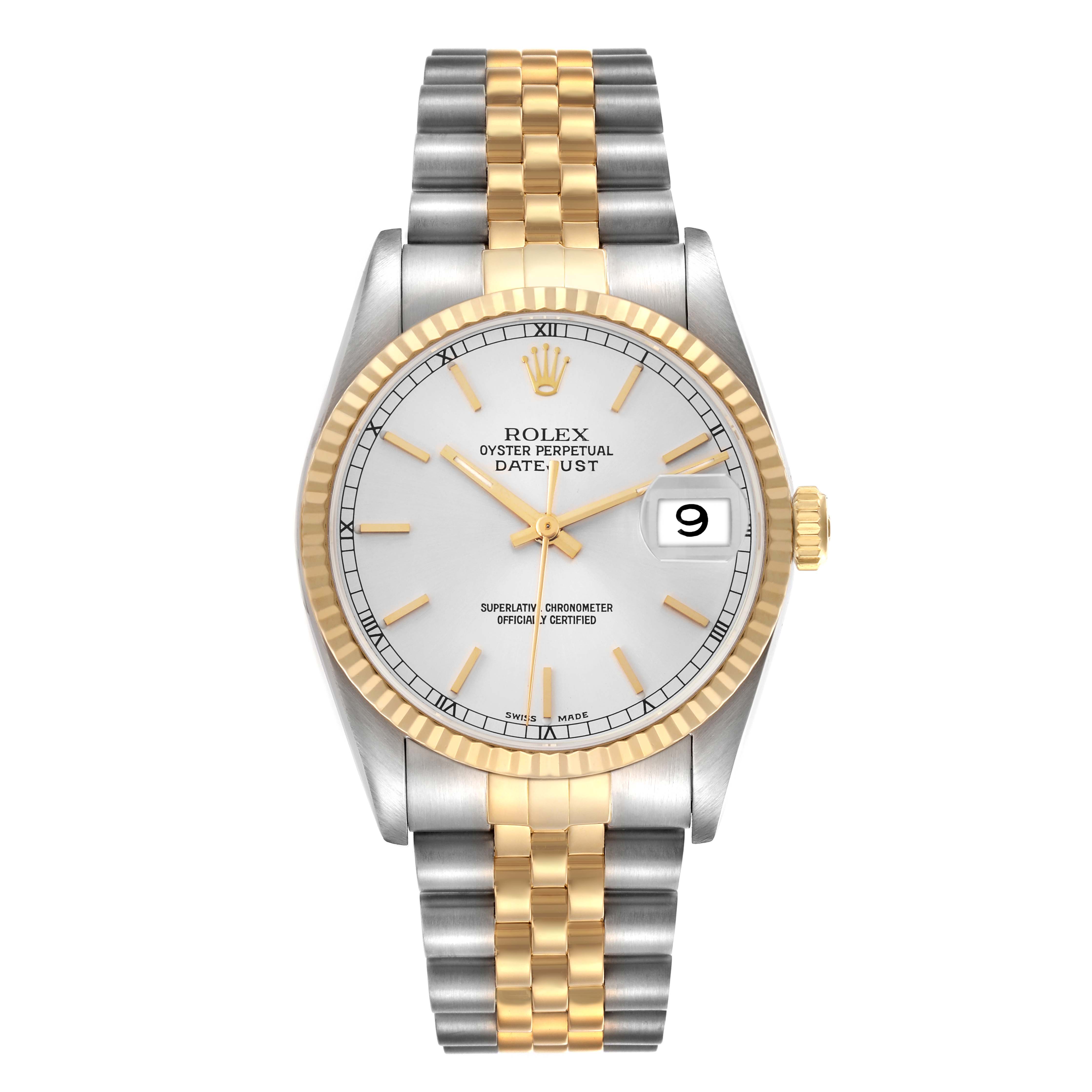 The image shows a frontal view of a Rolex Datejust model 16233 men
s watch, highlighting the dial, bezel, crown, and two-tone bracelet.