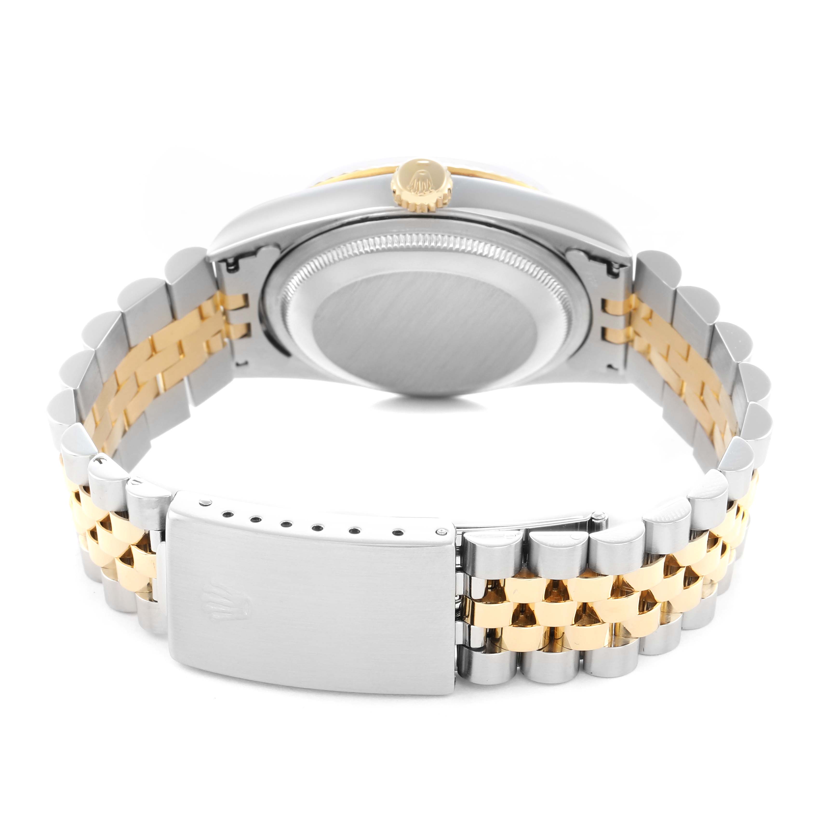The image shows the back view of a Rolex Datejust model 16233 men
s watch, focusing on the two-tone bracelet and closed clasp.