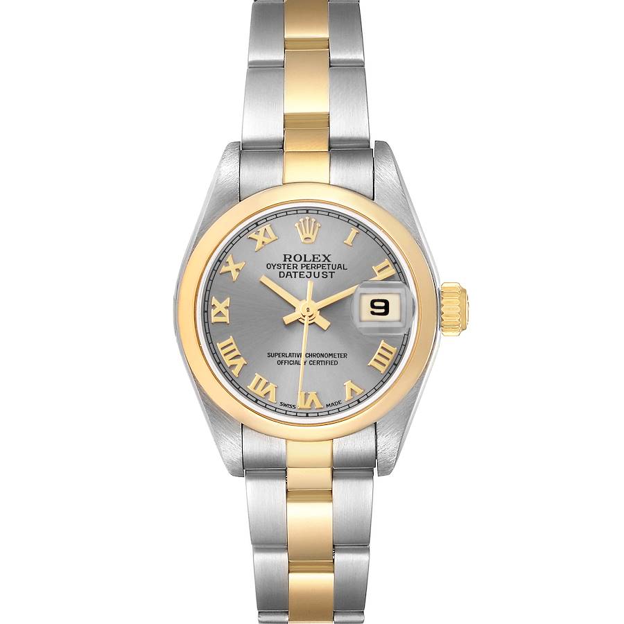 The image shows a Rolex Datejust model 79163 men's watch, highlighting the face, bezel, case, and bracelet in a front view.