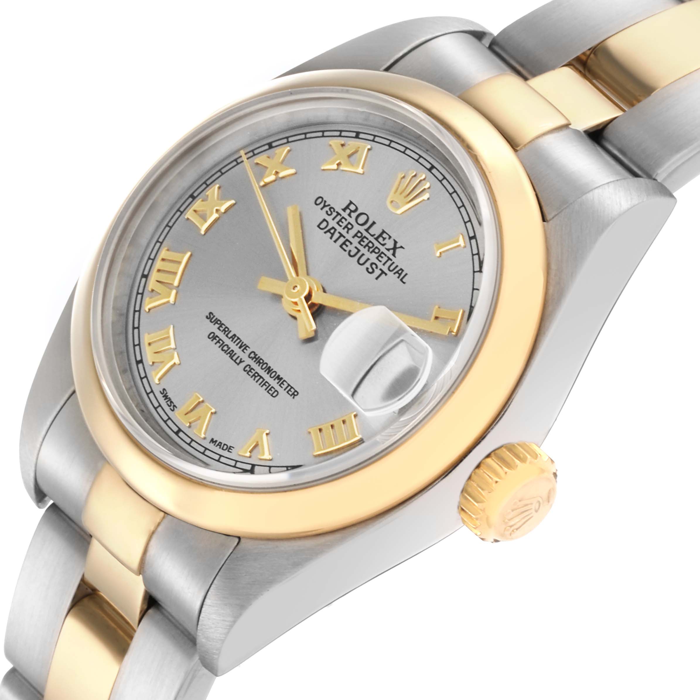 The image shows a Rolex Datejust model 79163 men's watch from a side angle, highlighting the bezel, crown, and part of the bracelet.