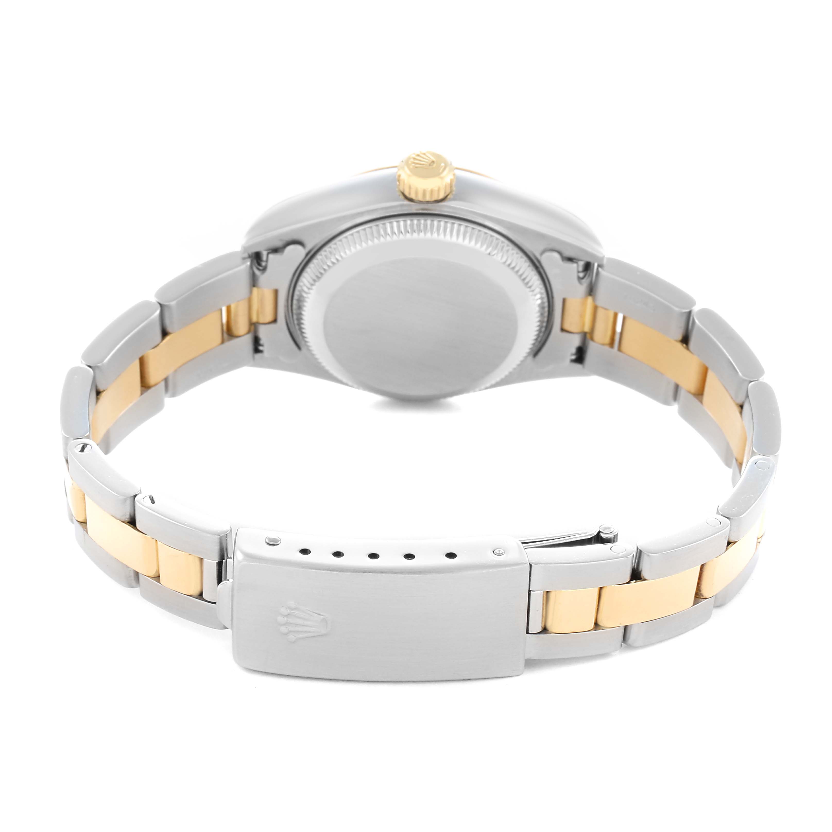 The Rolex Datejust model 79163 men's watch is shown from the back, highlighting the case back, crown, and two-tone bracelet with the clasp closed.