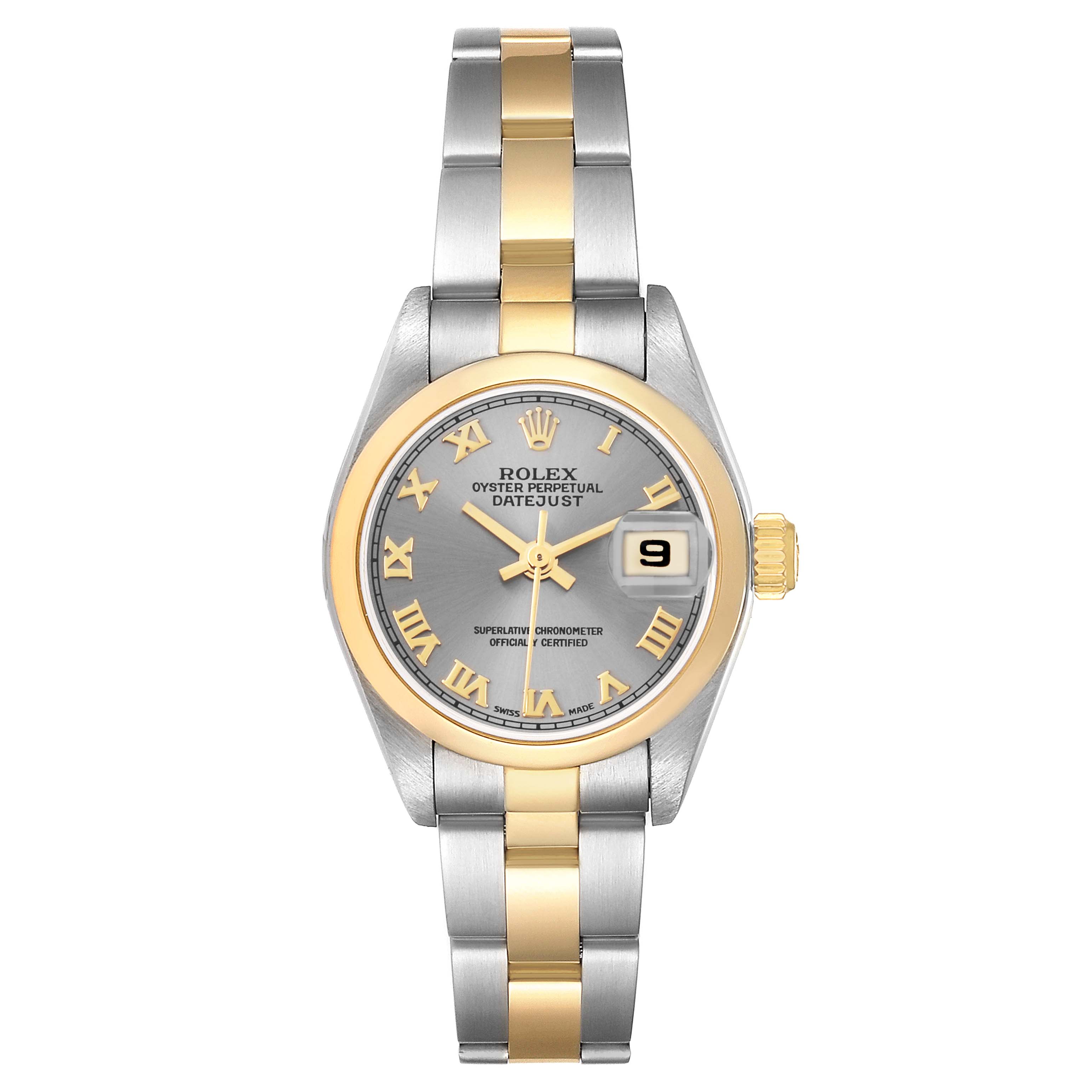 The Rolex Datejust model 79163 men's watch is shown from a front angle, highlighting the dial, bezel, and two-tone bracelet.