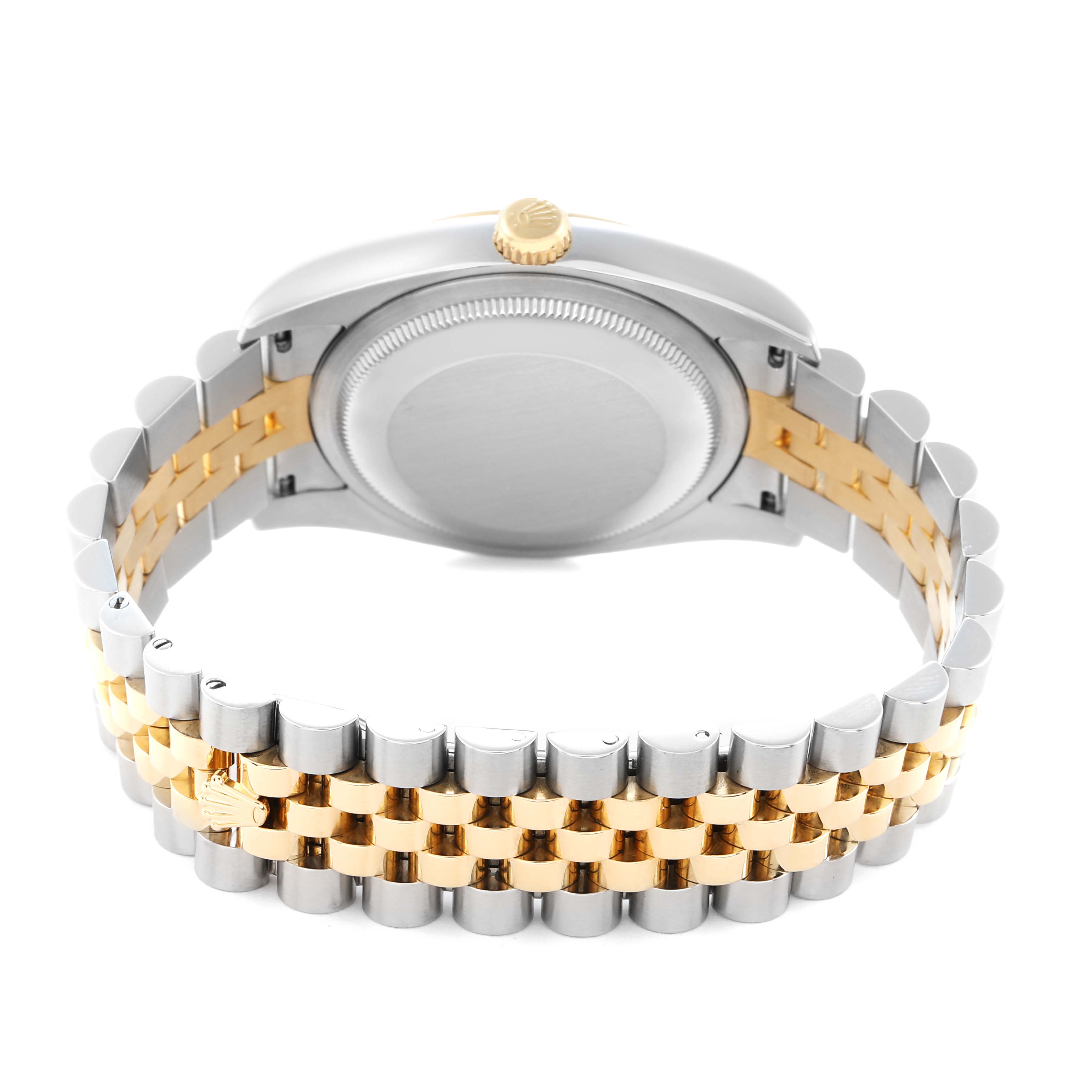 The image shows a Rolex Datejust model 116233 men
s watch from the rear, highlighting the case back and two-tone bracelet with the crown visible on the side.