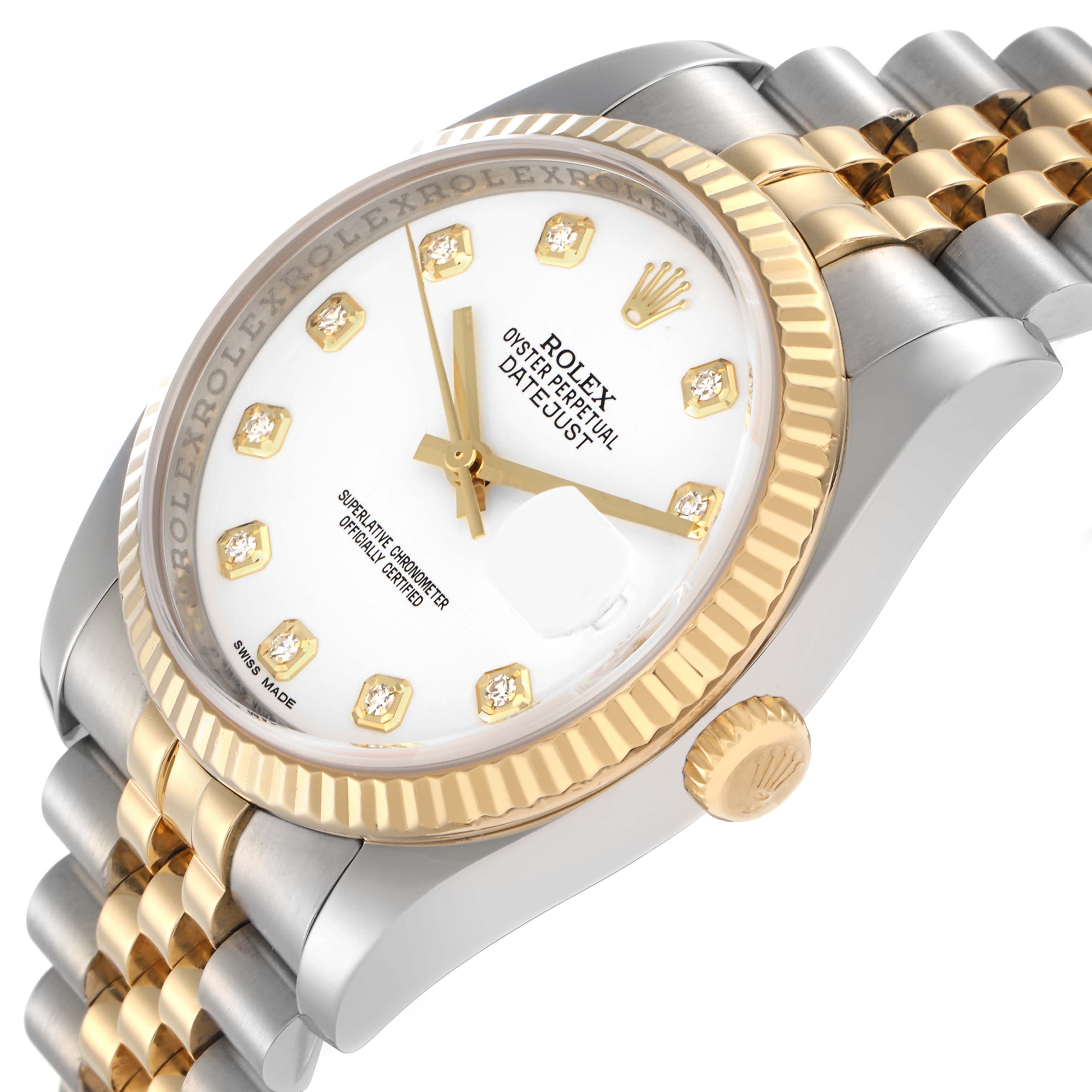 The Rolex Datejust model 116233 is shown at a three-quarter angle, displaying its gold fluted bezel, white diamond-set dial, and two-tone Jubilee bracelet.