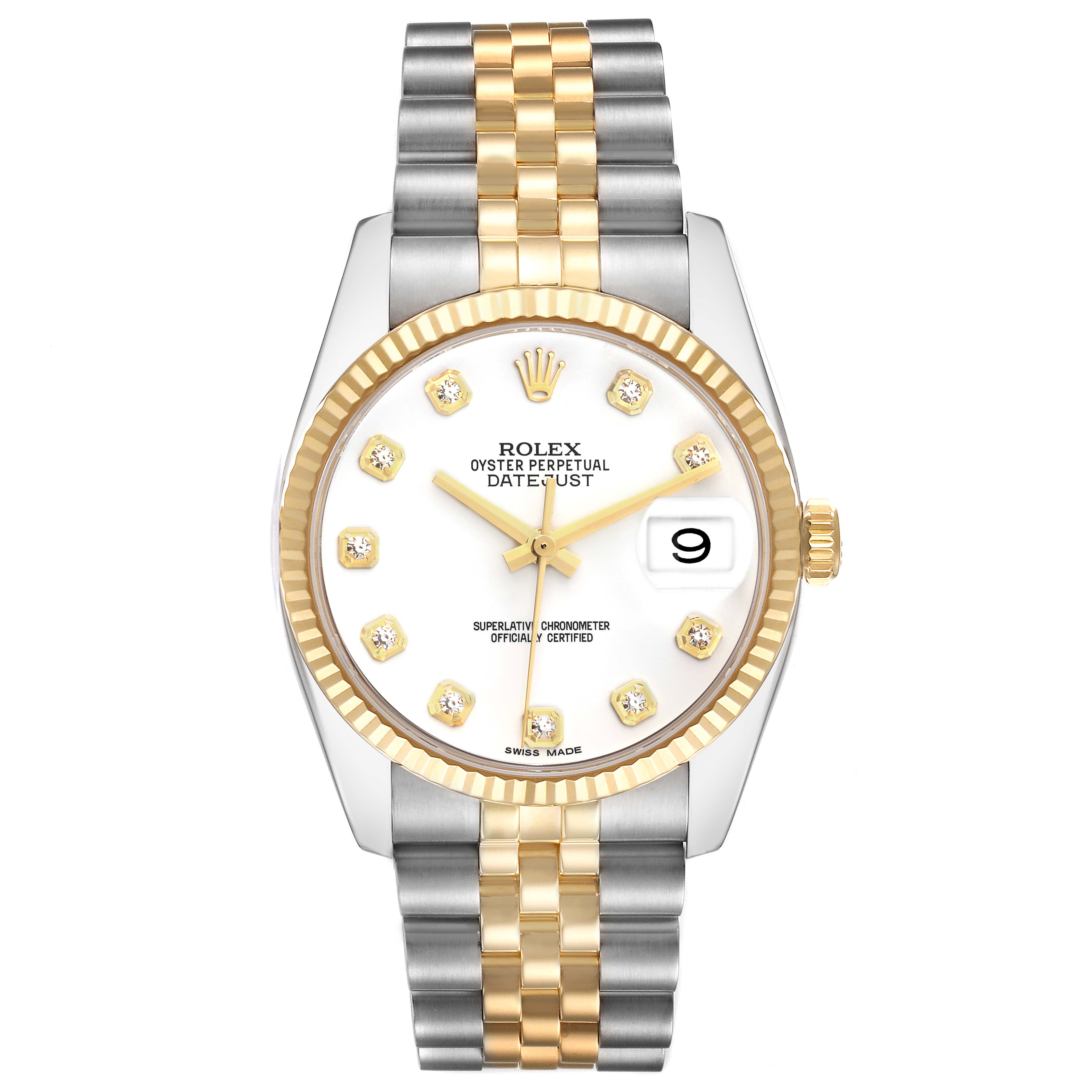 The Rolex Datejust model 116233 is shown from a front angle, highlighting its gold and silver bracelet, diamond indices, fluted bezel, and white dial with a date display.