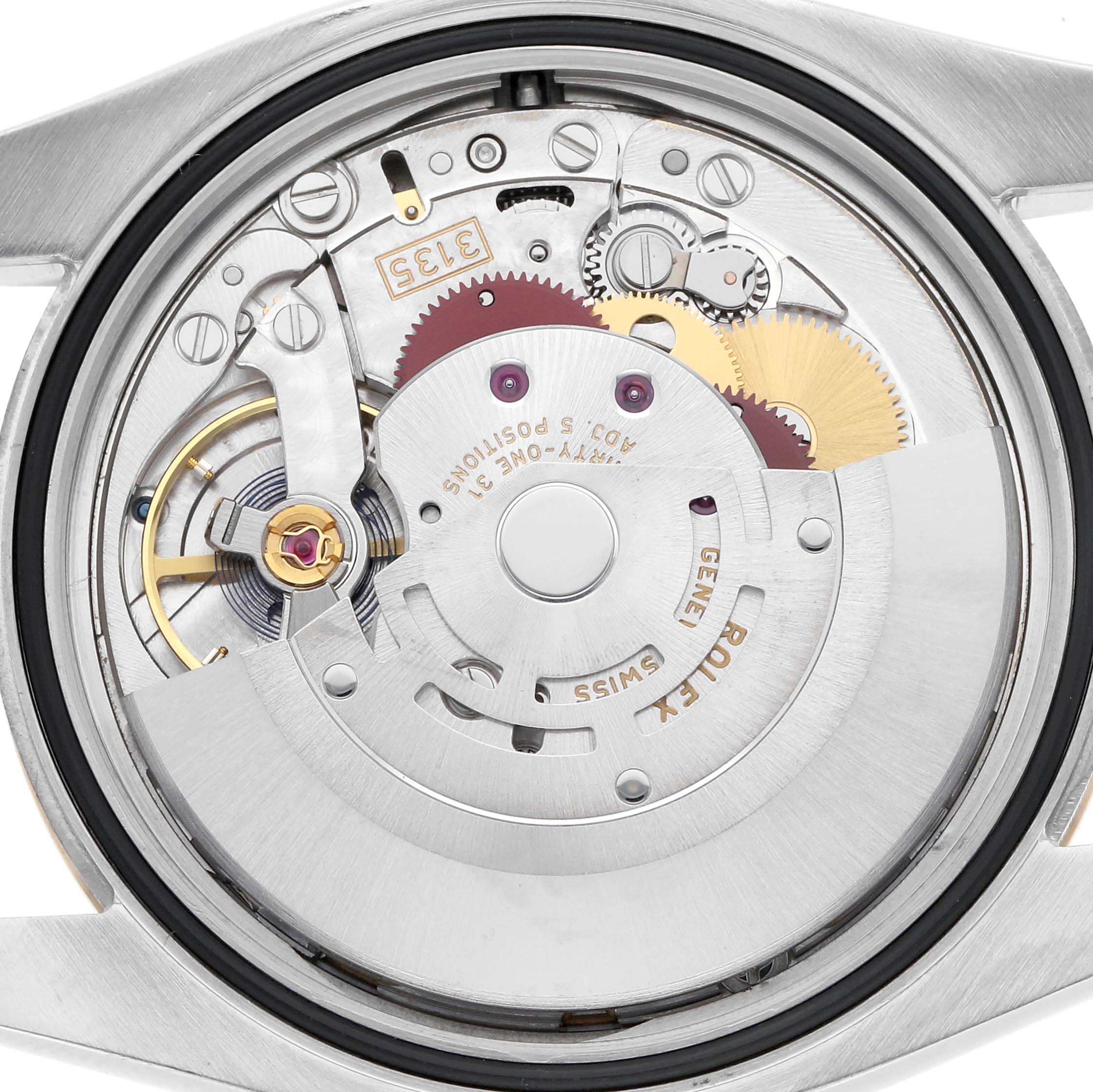 The image shows the movement mechanism of a Rolex Datejust model 116233 men
s watch, focusing on gears and the oscillating weight from a rear angle.