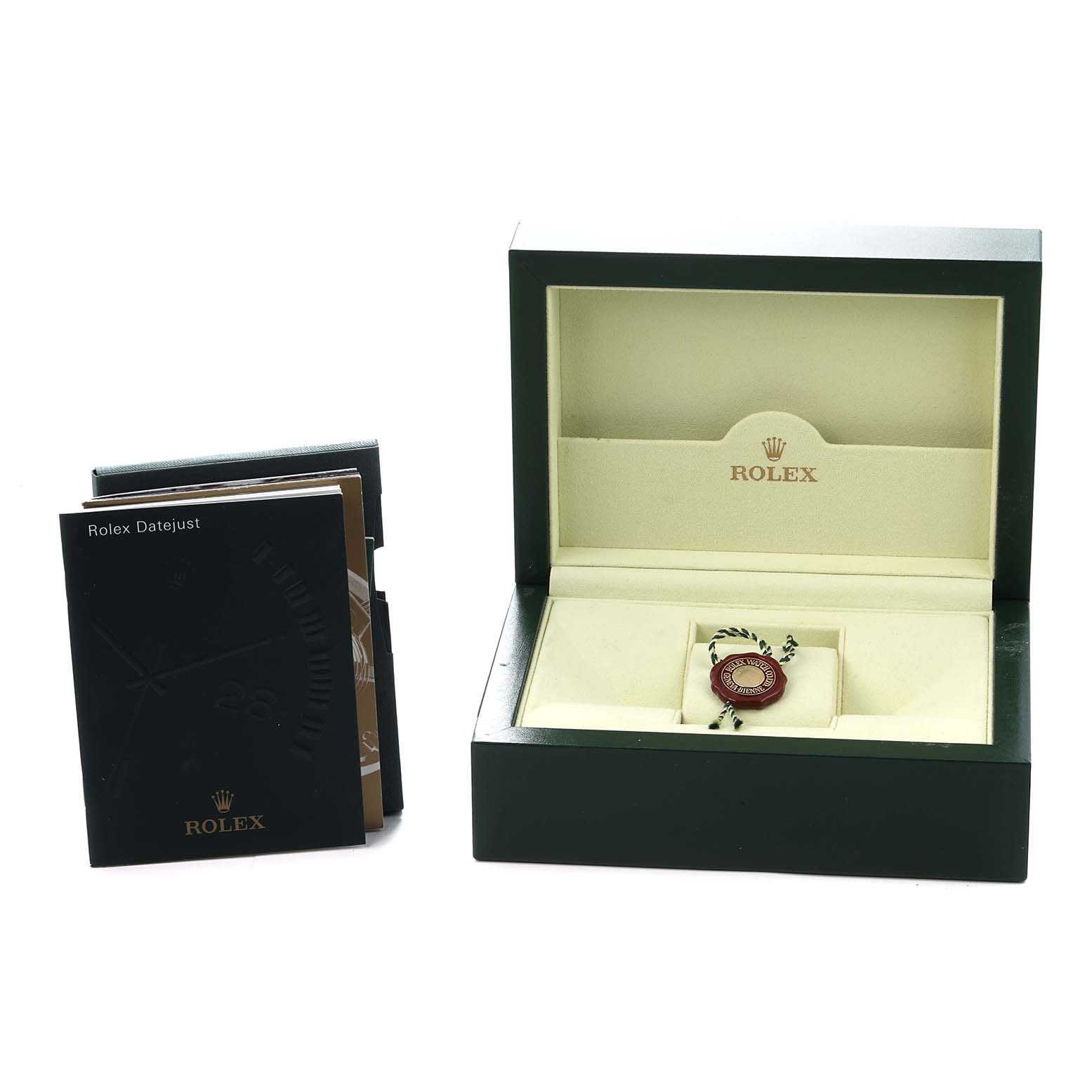 The image shows a Rolex Datejust model 116233 watch box and accessories, including a booklet and tag, viewed from the front.