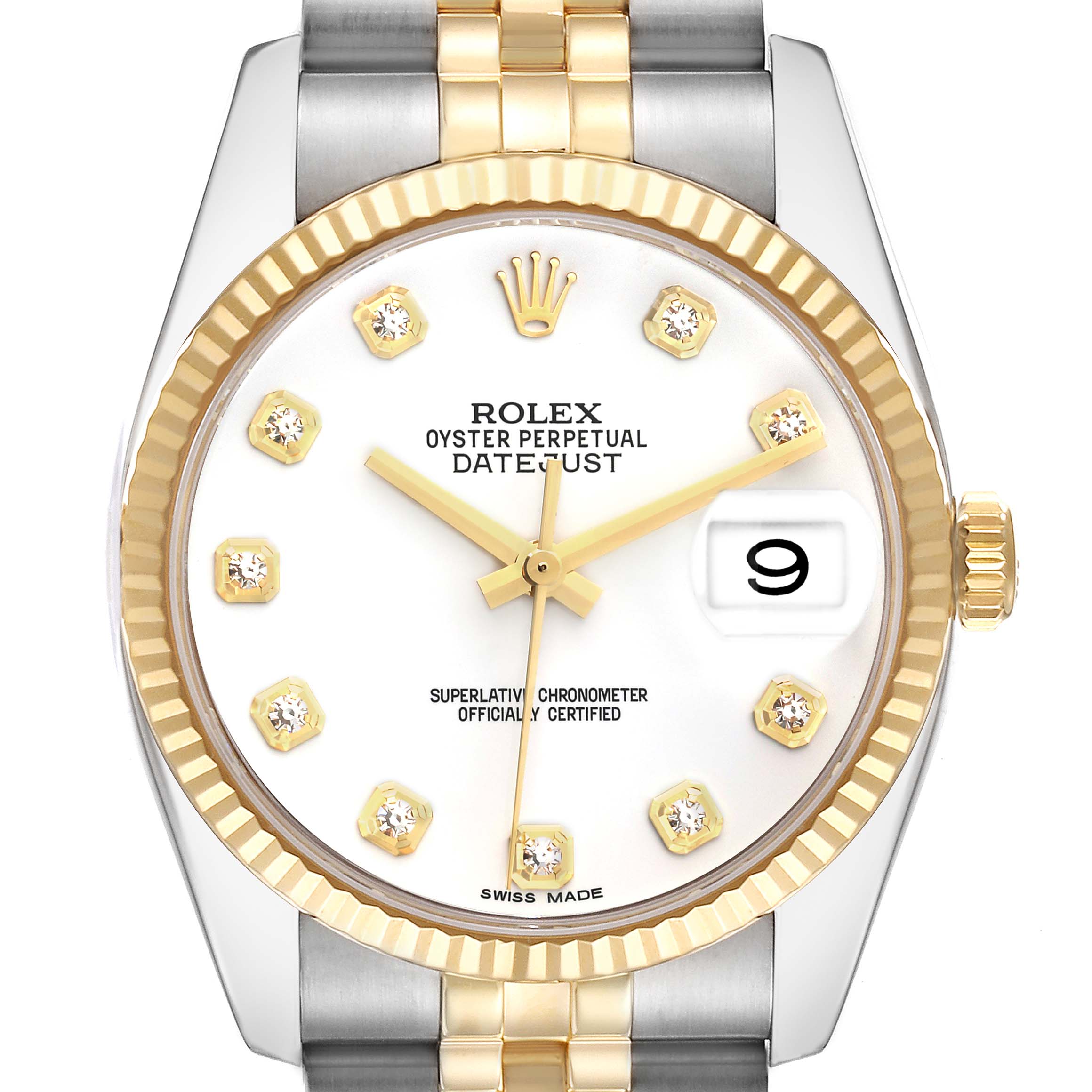 The Rolex Datejust model 116233 is shown from the front, highlighting its bezel, dial with diamond hour markers, and part of the bracelet.