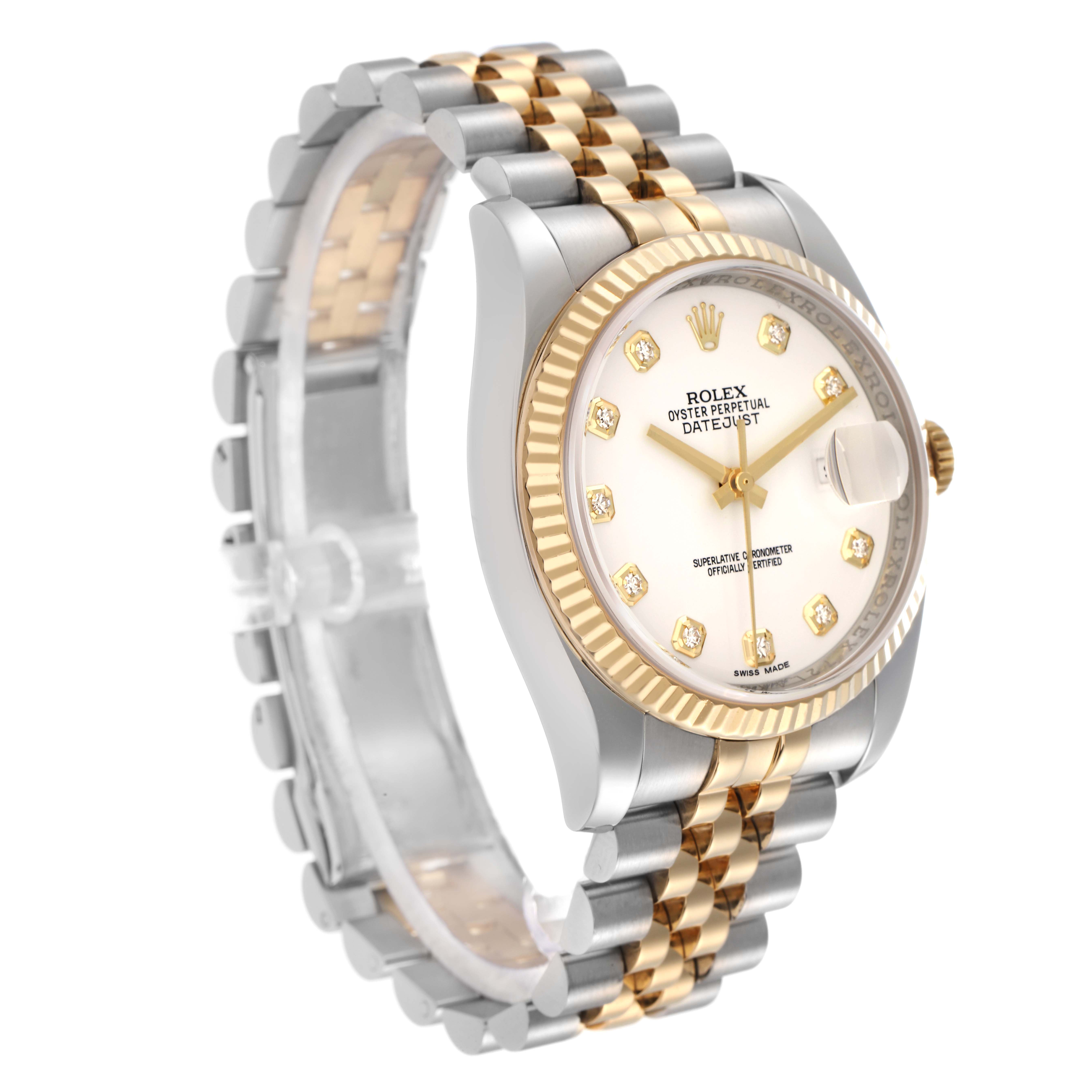 The image shows the left side of the Rolex Datejust model 116233, displaying its dial, bezel, and Jubilee bracelet.
