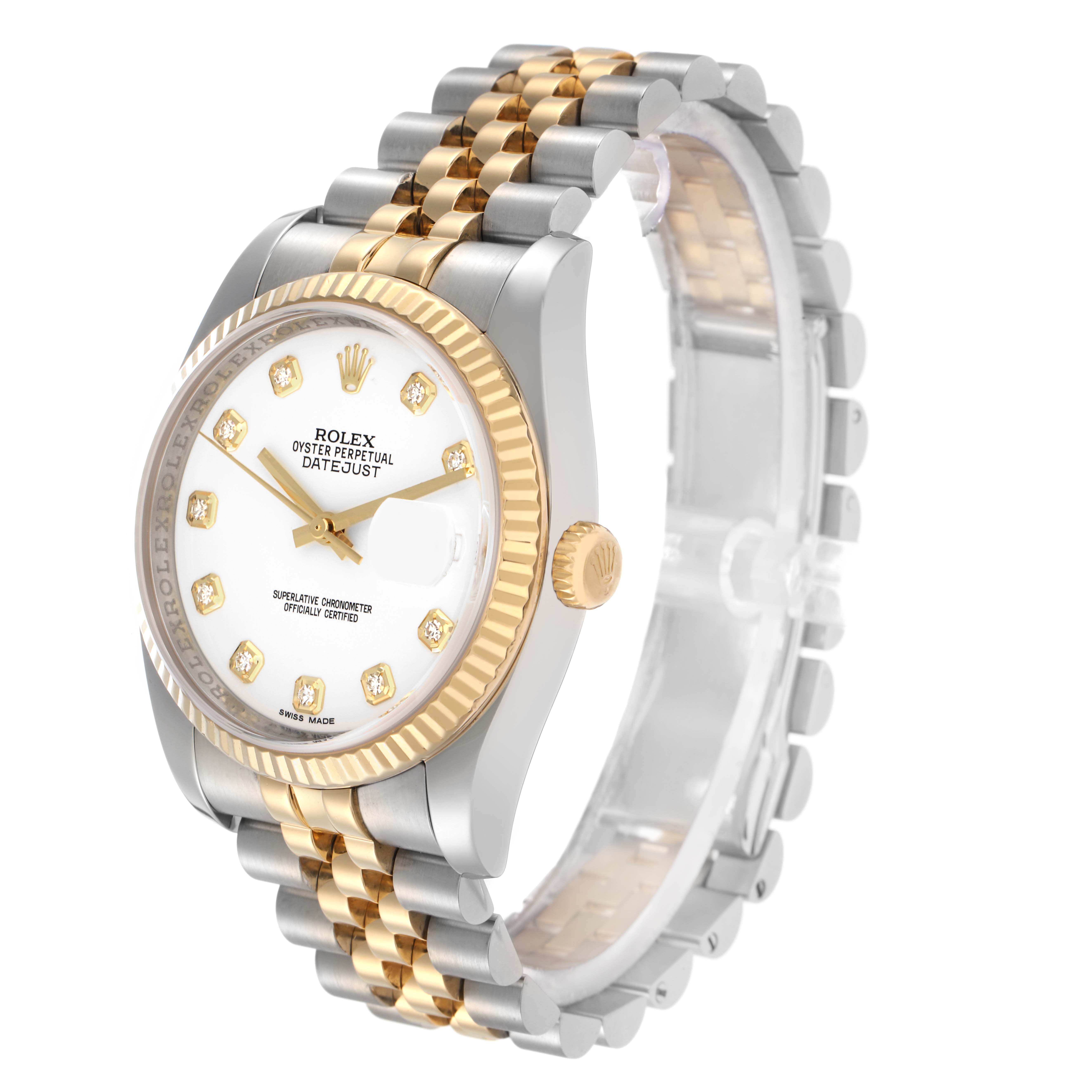 The Rolex Datejust model 116233 is shown at a three-quarter angle, highlighting its dial, gold fluted bezel, and two-tone Jubilee bracelet.