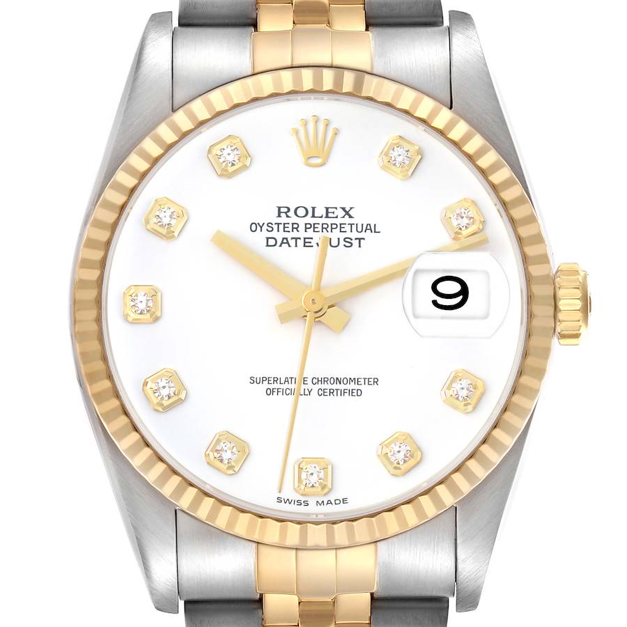The Rolex Datejust model 116233 is shown from a front angle, highlighting the dial, fluted bezel, and crown.