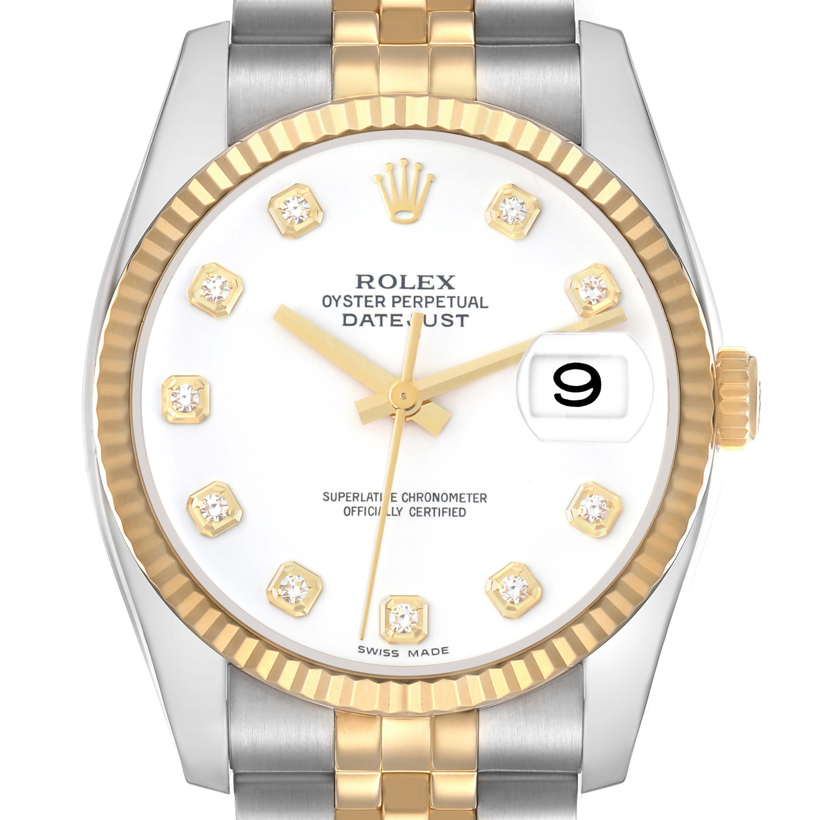 The image shows a front view of the Rolex Datejust model 116233, highlighting its white dial, diamond hour markers, gold bezel, and two-tone bracelet.