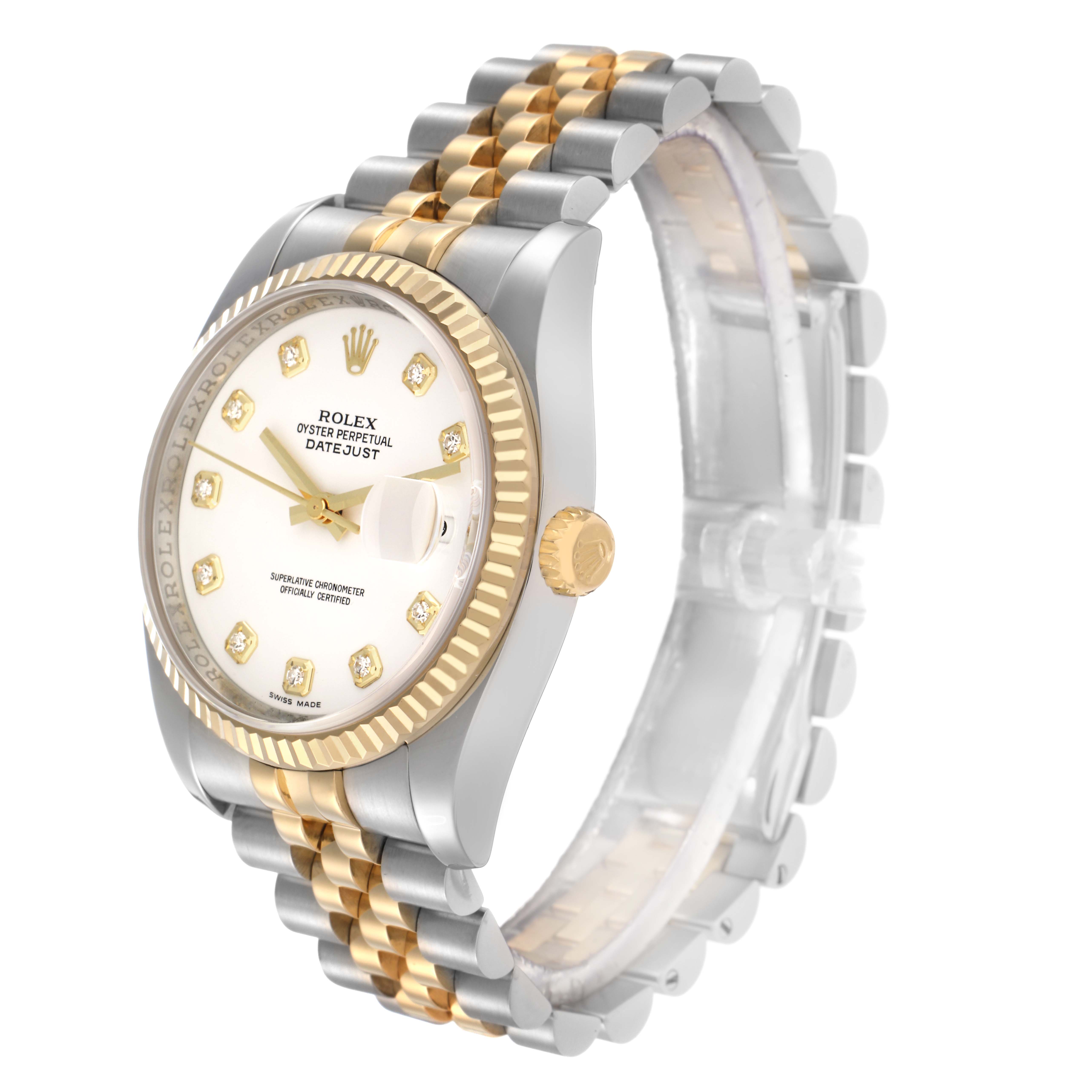 The Rolex Datejust model 116233 is shown at a side angle, highlighting the dial, fluted bezel, two-tone bracelet, and crown.
