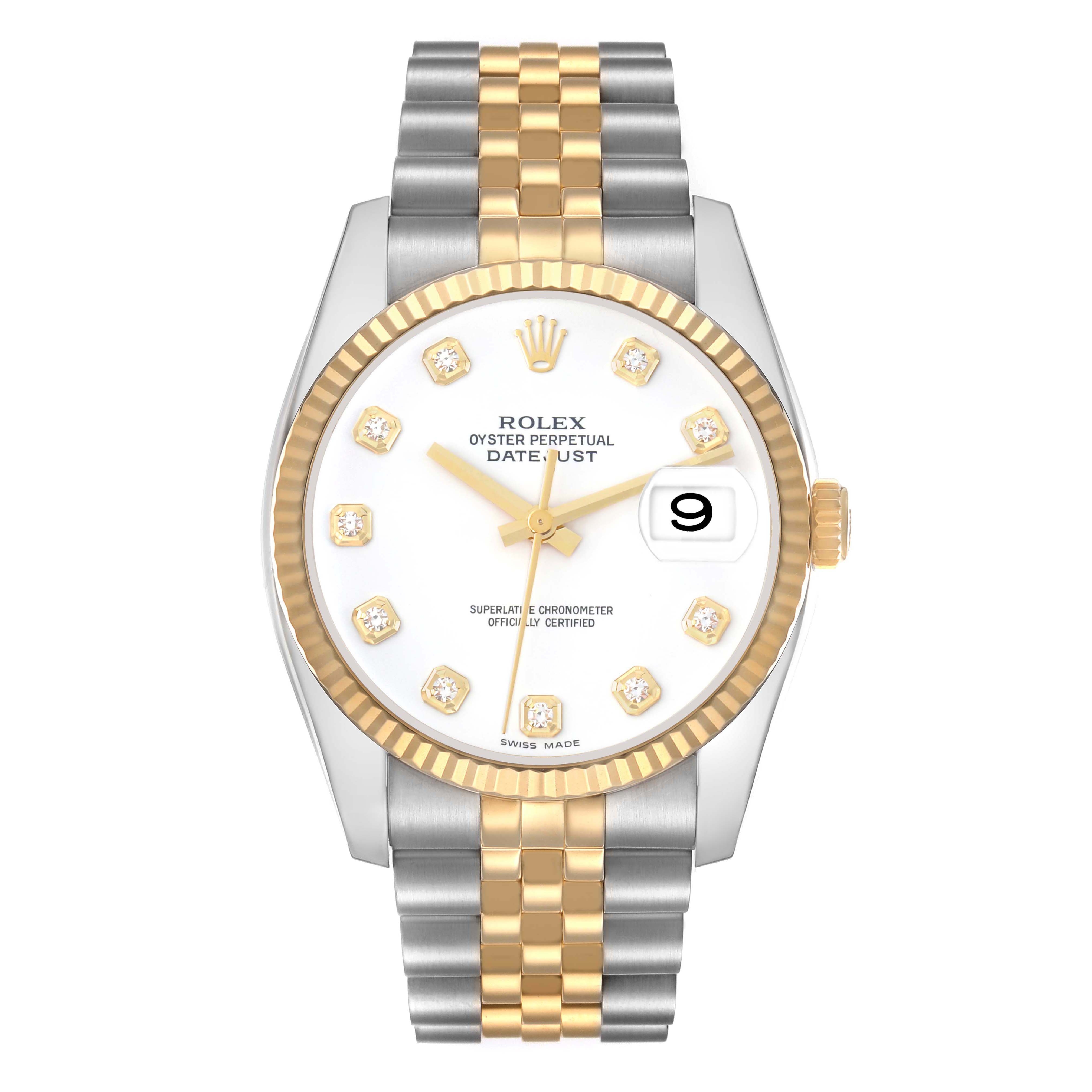 The Rolex Datejust model 116233 men
s watch is shown from the front, featuring a two-tone bracelet, gold fluted bezel, and white dial with a date window.