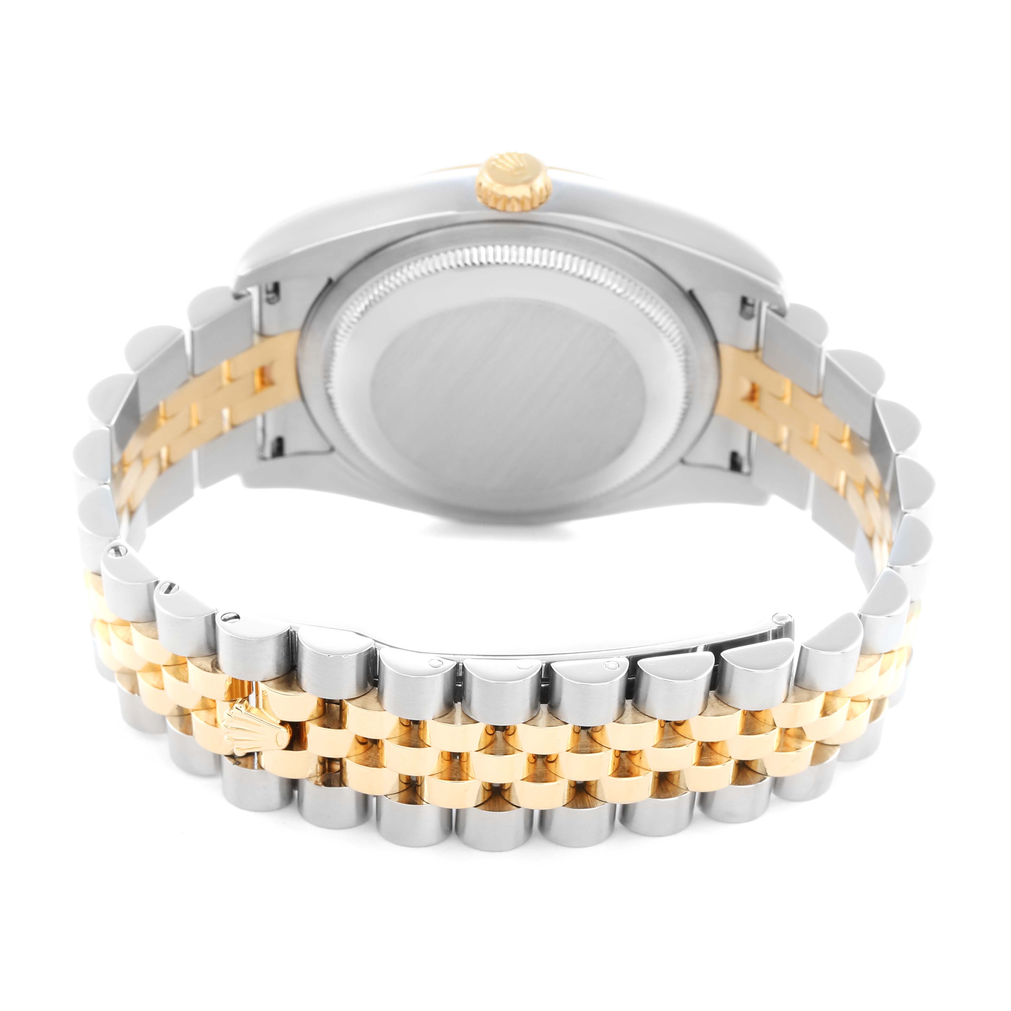 The image shows the back view of a Rolex Datejust model 116233 men
s watch, highlighting the metal case back and two-tone bracelet.