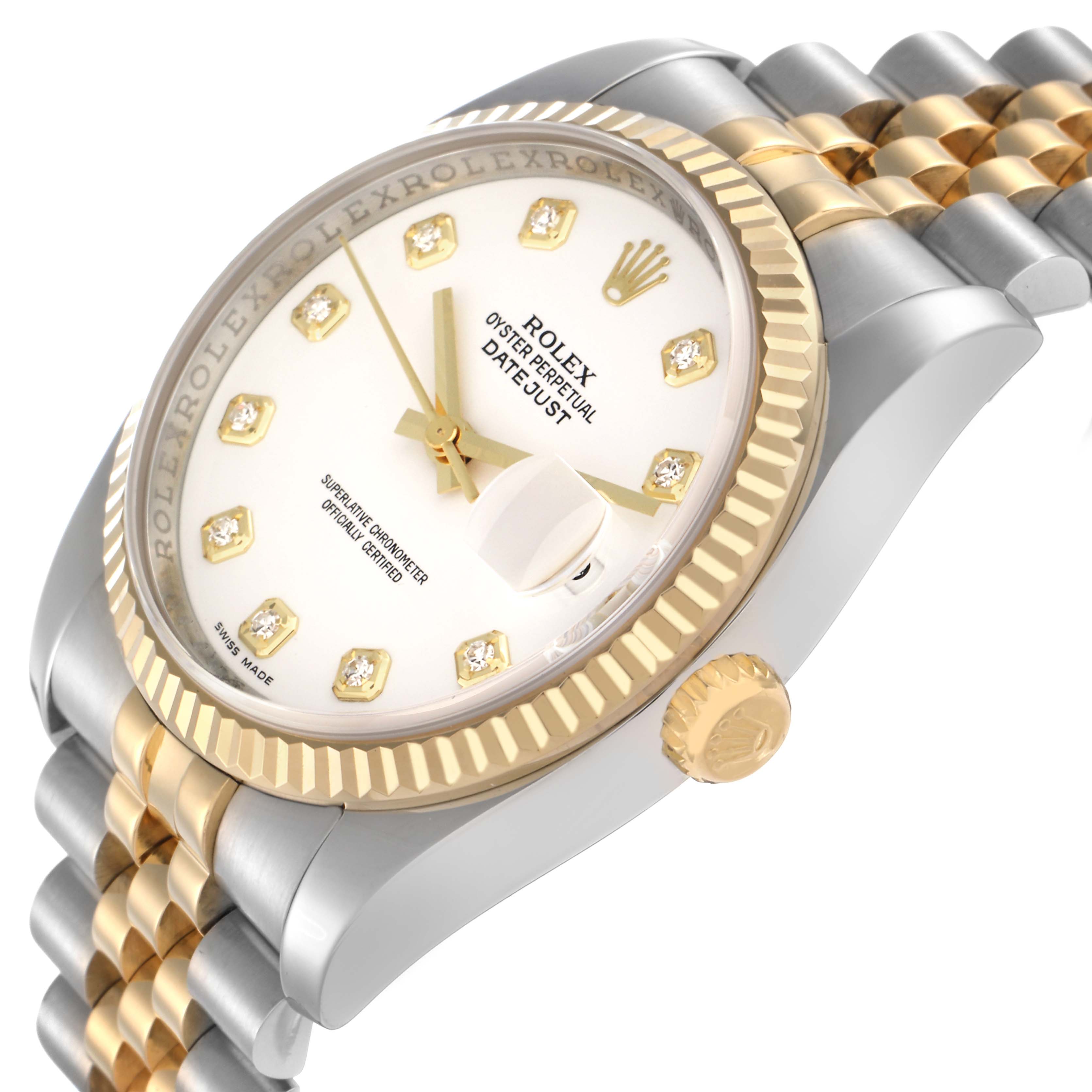 The image shows a Rolex Datejust model 116233 at an angled view, highlighting the dial, bezel, crown, and Jubilee bracelet.