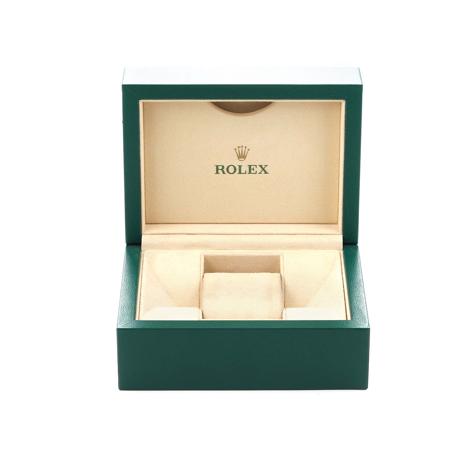 The image shows an open Rolex watch box for the Datejust model 116233, featuring a green exterior and beige interior with compartments for the men
s watch.