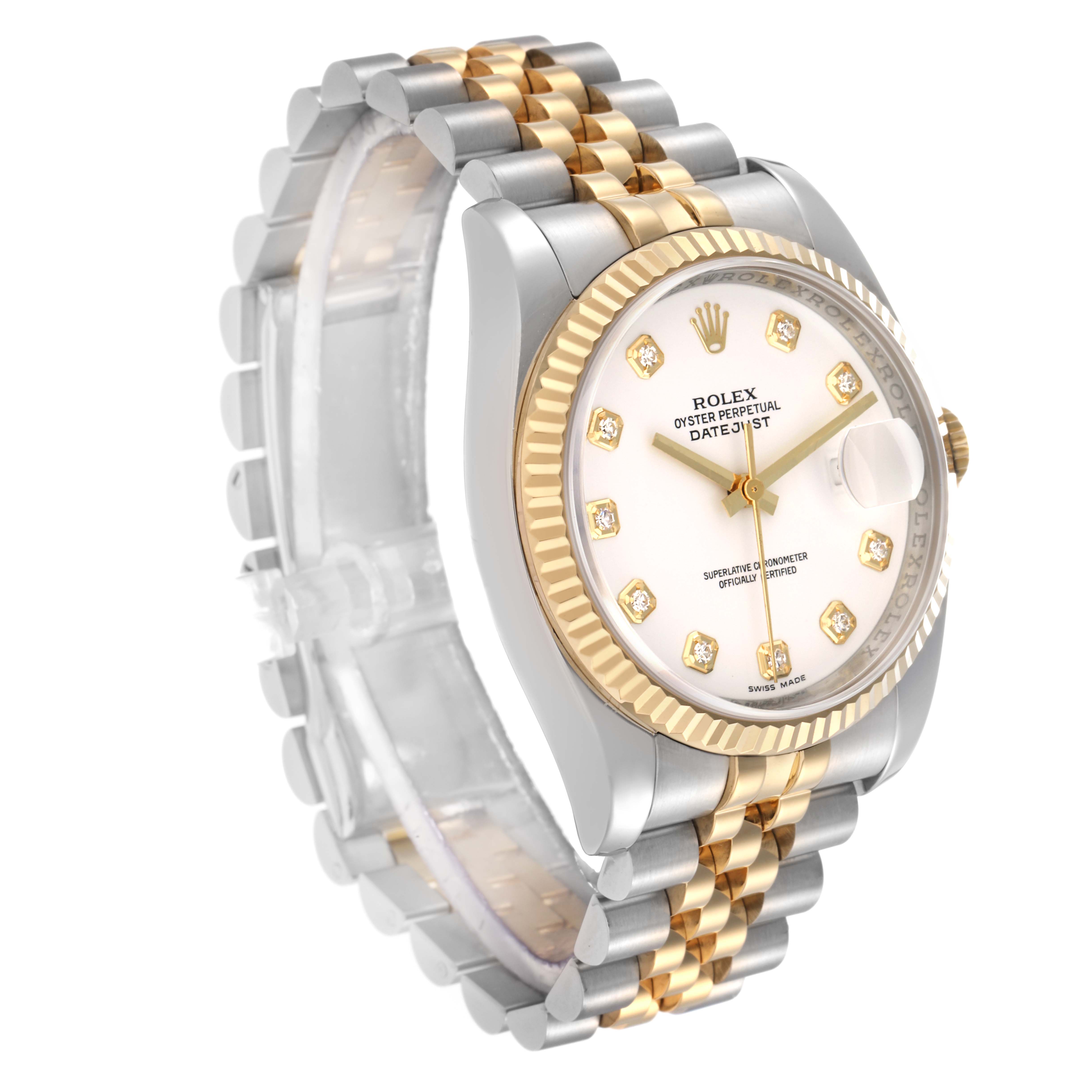 The Rolex Datejust model 116233 men
s watch is shown at a slight angle, displaying its face, fluted bezel, bracelet, and side profile.