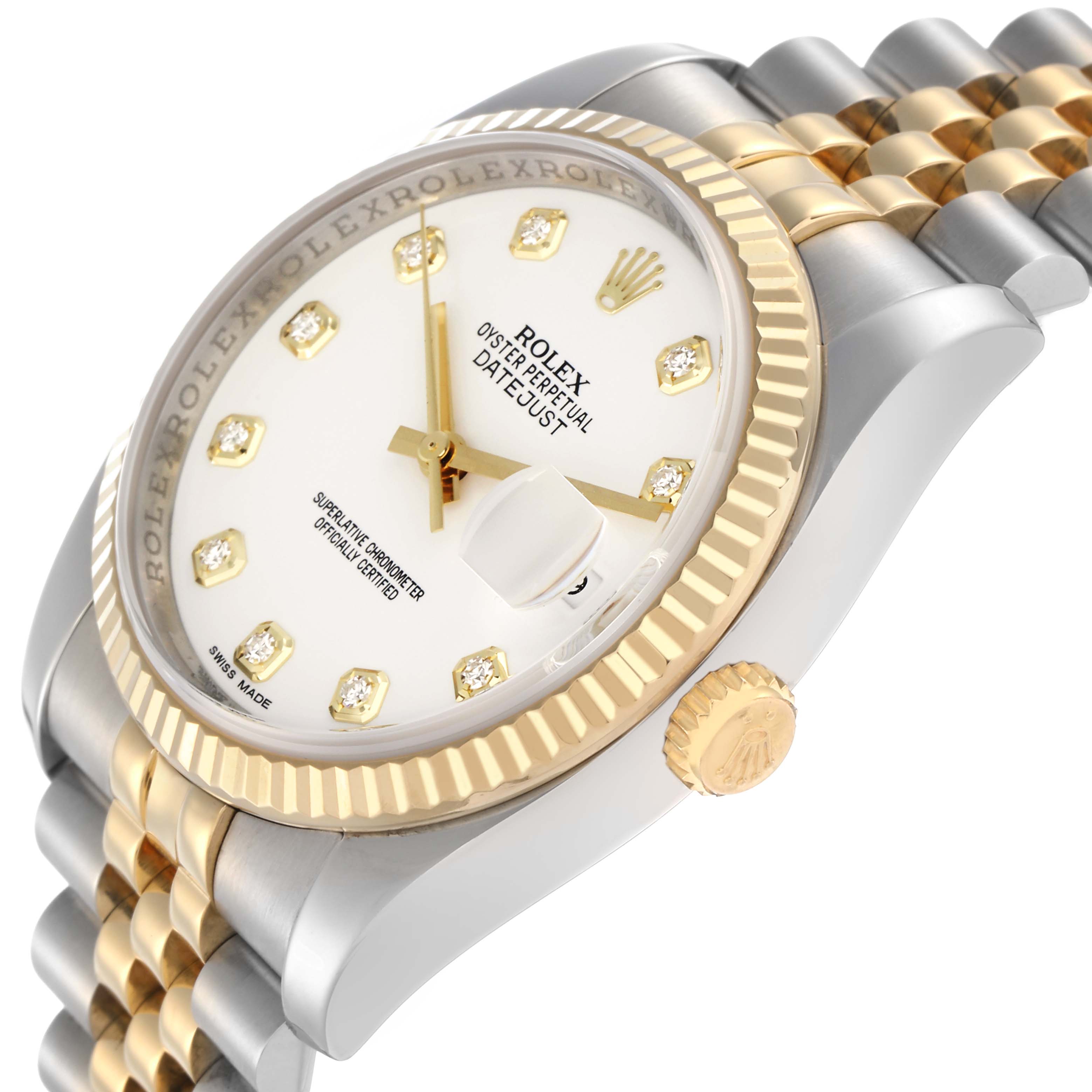 The image shows a side view of the Rolex Datejust men's watch, model 116233, highlighting the case, bezel, crown, dial, and Jubilee bracelet.