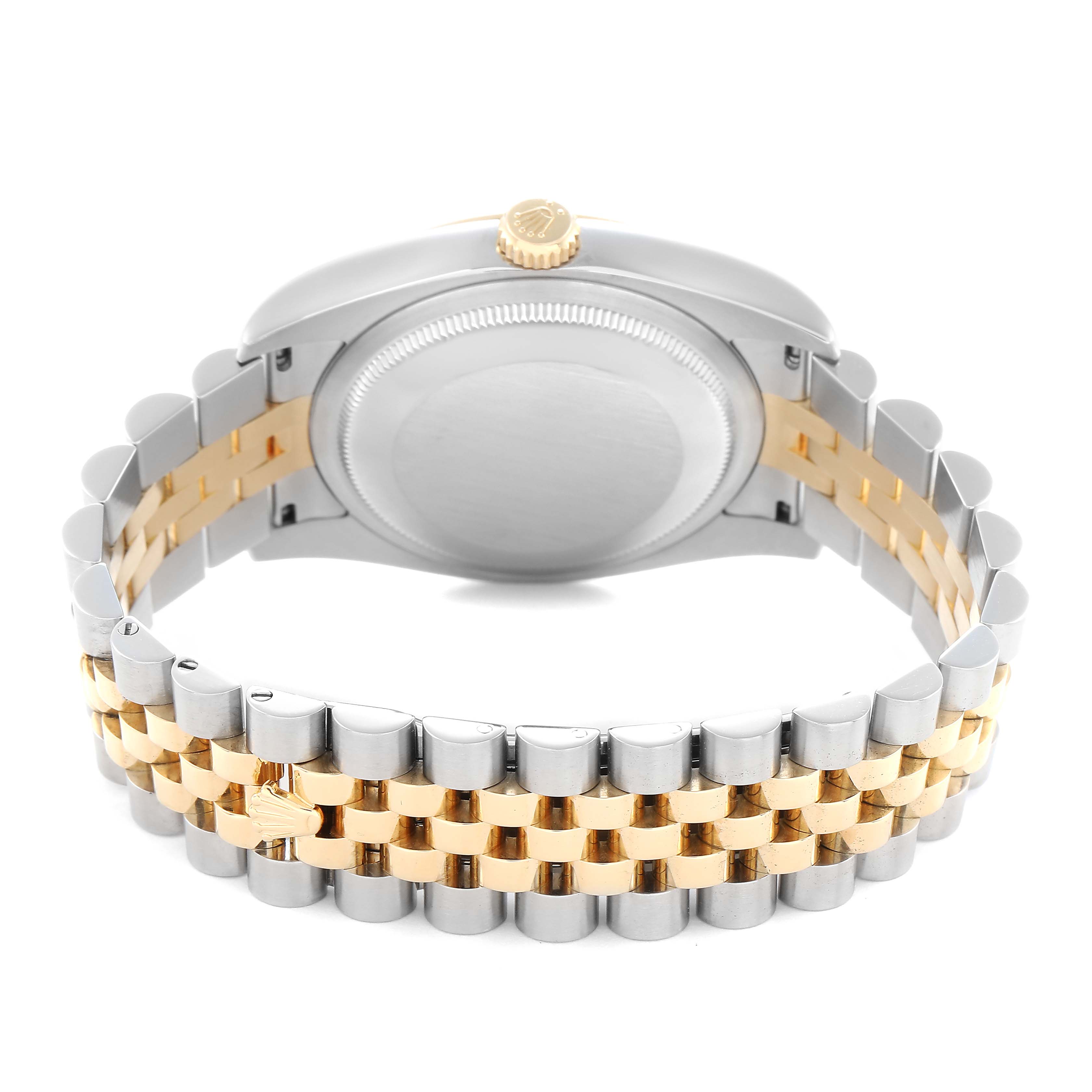 The image shows the back and bracelet of a Rolex Datejust model 116233 men's watch, highlighting its dual-tone metal link design and case back.