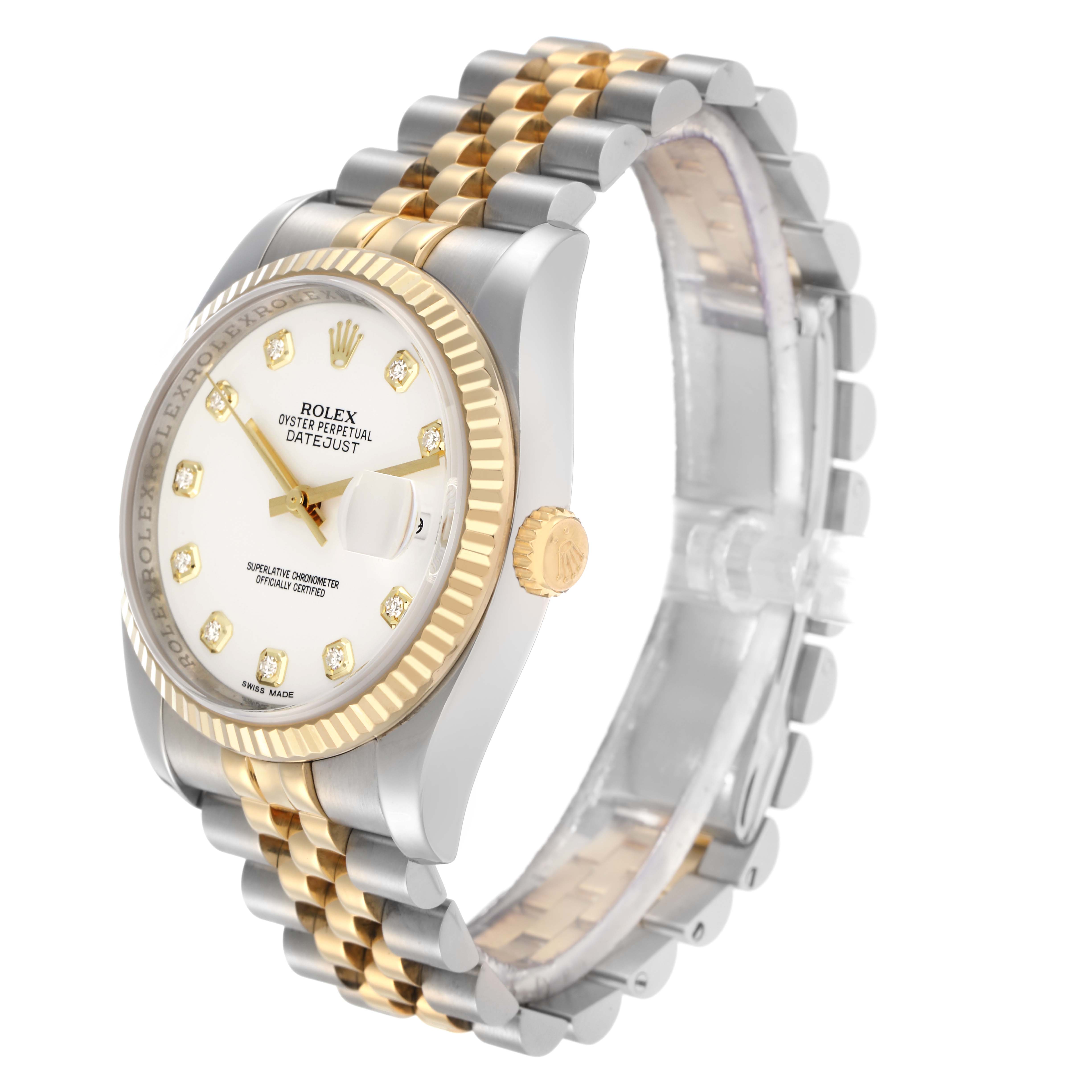 The Rolex Datejust model 116233 is shown at a three-quarter angle, highlighting its gold and silver two-tone bracelet, fluted bezel, and diamond hour markers on the dial.