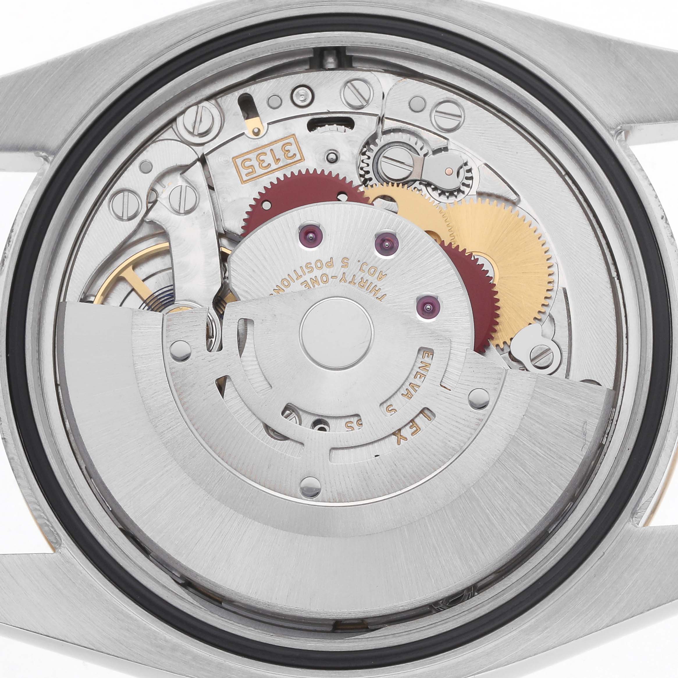 The image shows the movement of the Rolex Datejust Men's watch, model 116233, viewed from the back, highlighting gears and the oscillating weight.