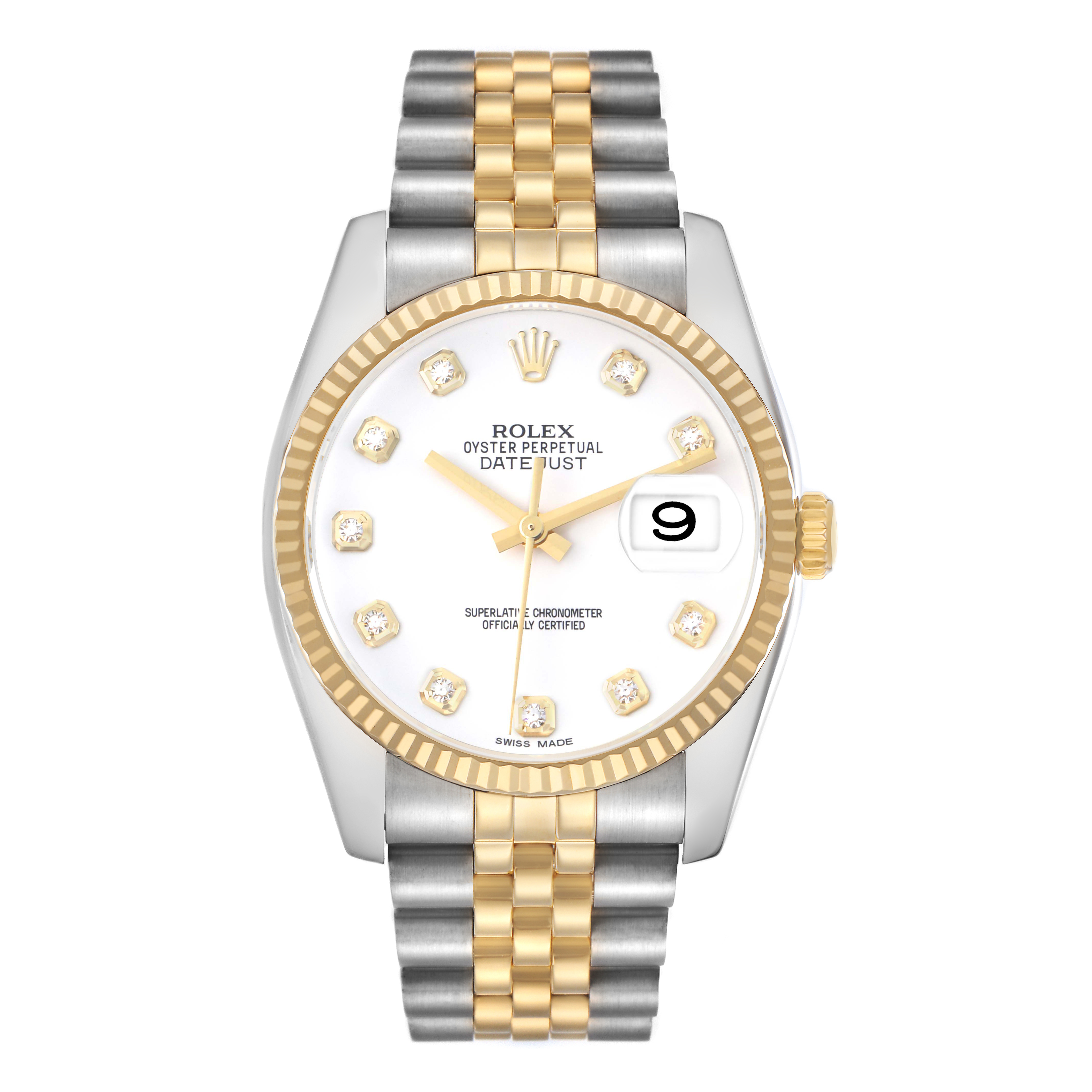 This image shows a frontal view of the Rolex Datejust model 116233 men's watch, highlighting its gold fluted bezel, jubilee bracelet, and diamond hour markers.