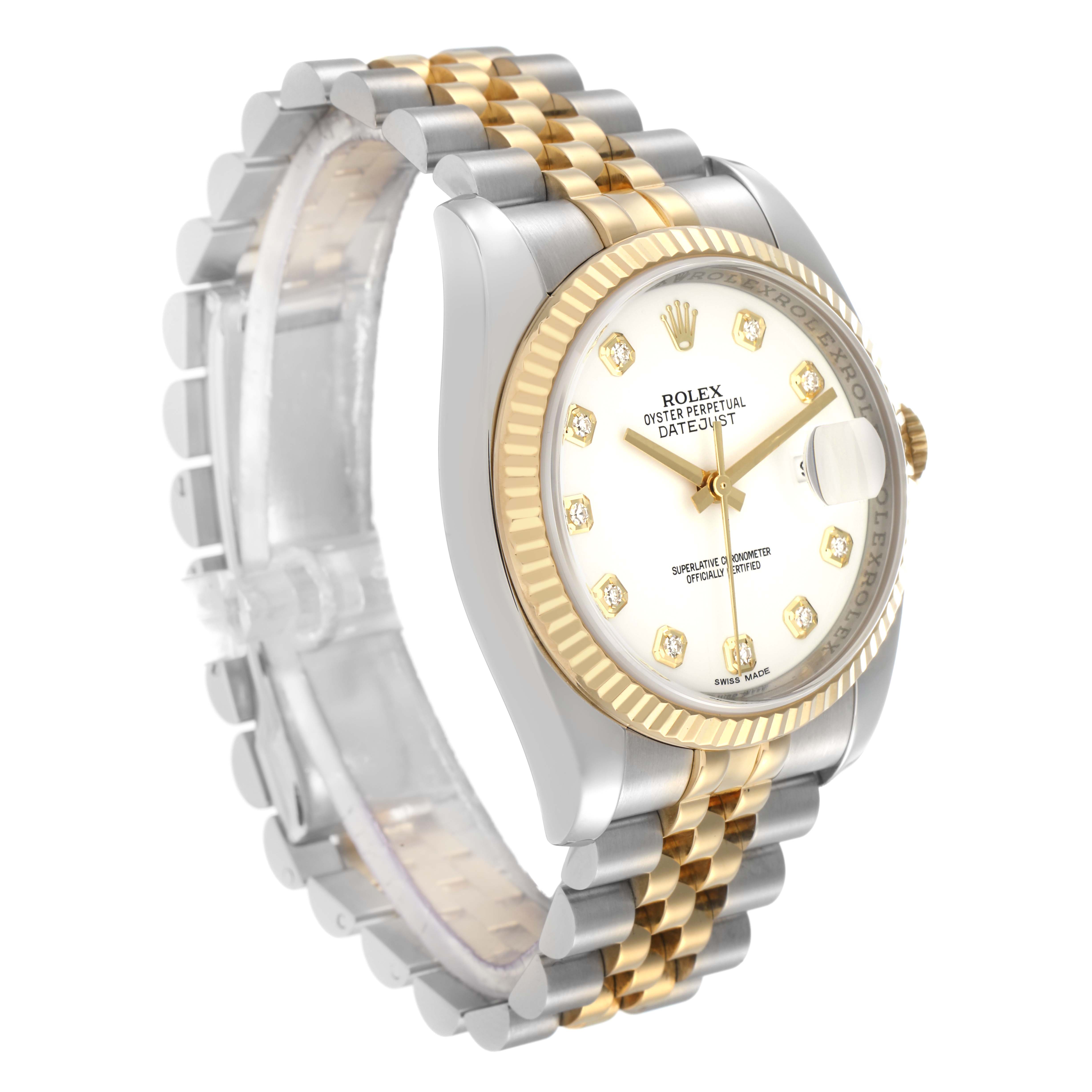 The image shows a Rolex Datejust model 116233 men's watch at a three-quarter angle, highlighting the champagne dial, diamond hour markers, and two-tone bracelet.