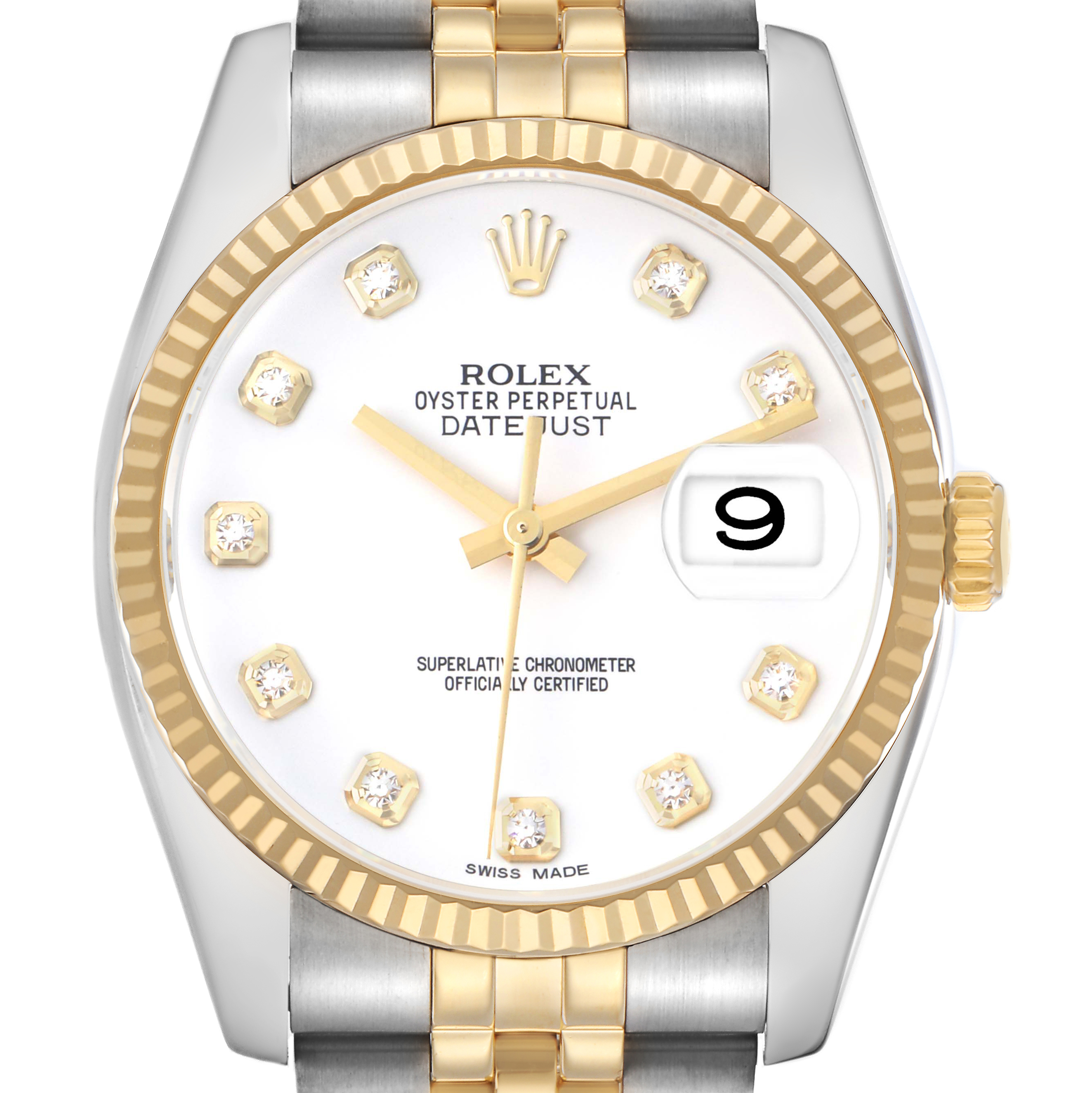 The image shows a frontal view of the Rolex Datejust model 116233 men's watch, highlighting the dial with diamond hour markers and the two-tone bracelet.