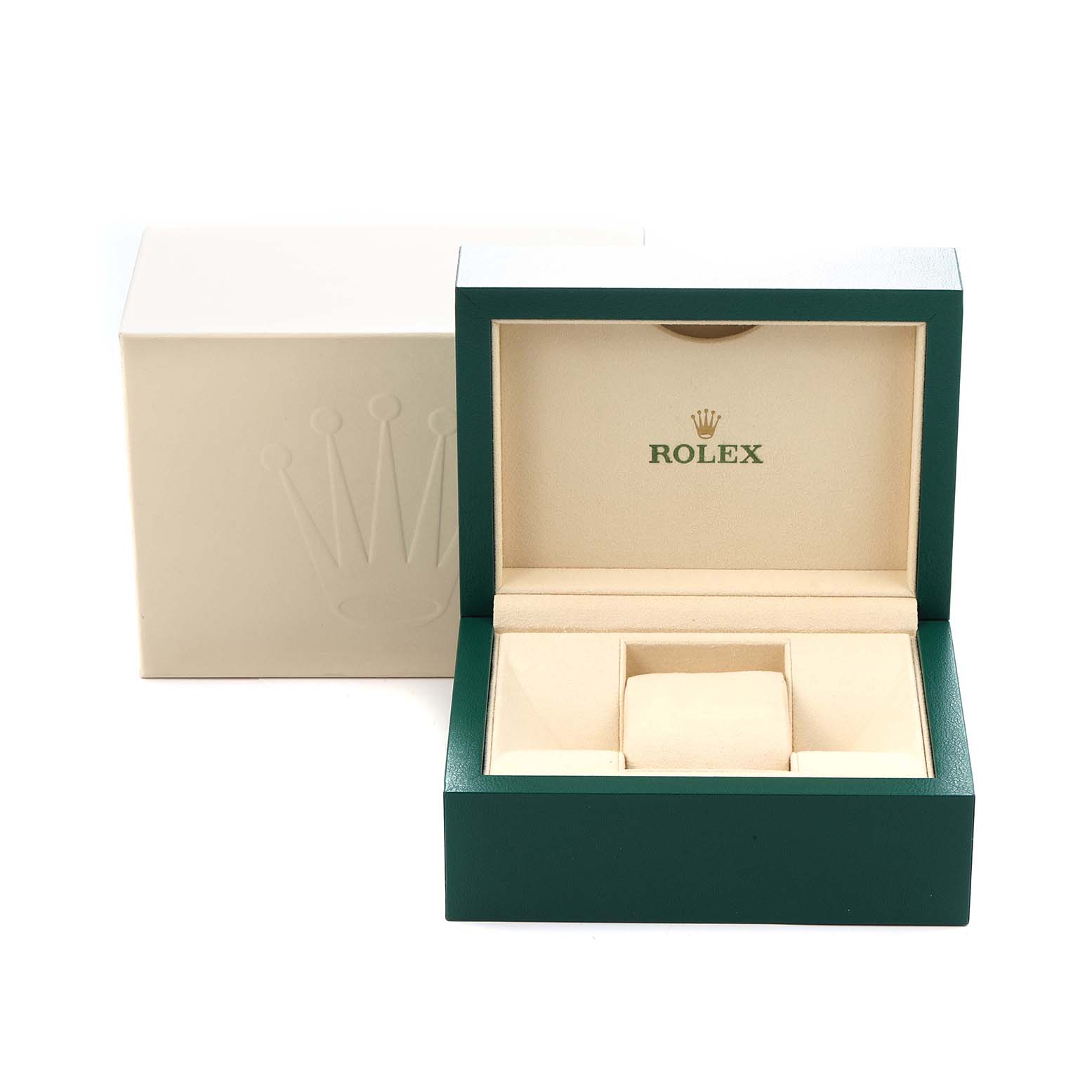 The image shows the open and closed boxes for a Rolex Datejust model 116233 Men's watch, highlighting the green and beige color scheme of the packaging.