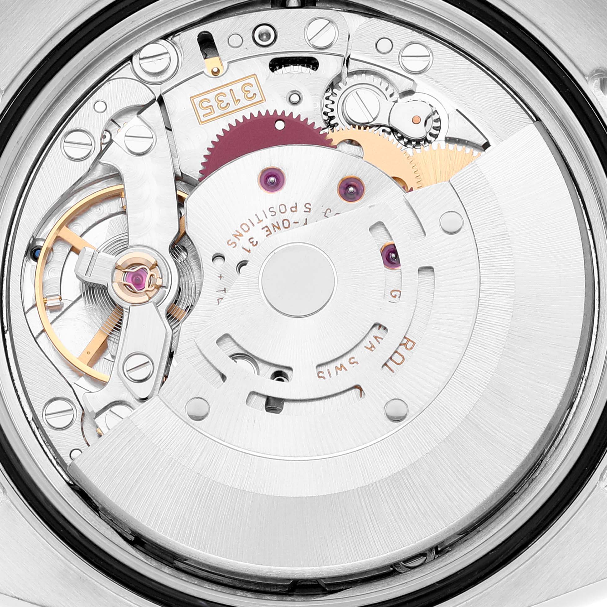 This image shows a close-up of the movement mechanism inside a Rolex Turn-o-Graph 116264 Men
s Stainless Steel Black Dial 116264 Men
s Stainless Steel Black Dial watch.