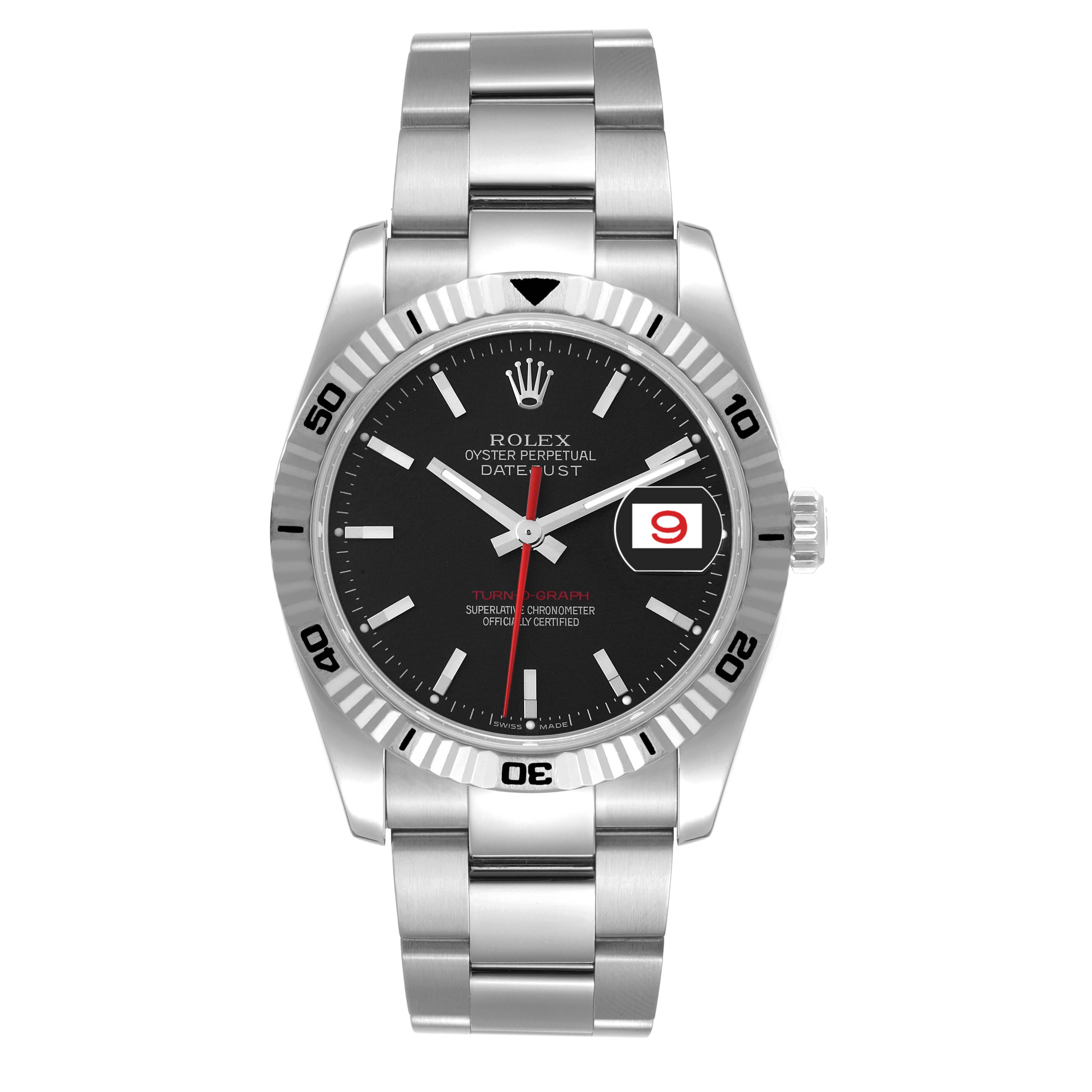 The image shows a Rolex Turn-o-Graph 116264 Men
s Stainless Steel Black Dial 116264 Men
s Stainless Steel Black Dial watch at a front angle, highlighting the dial, bezel, bracelet, and date feature.