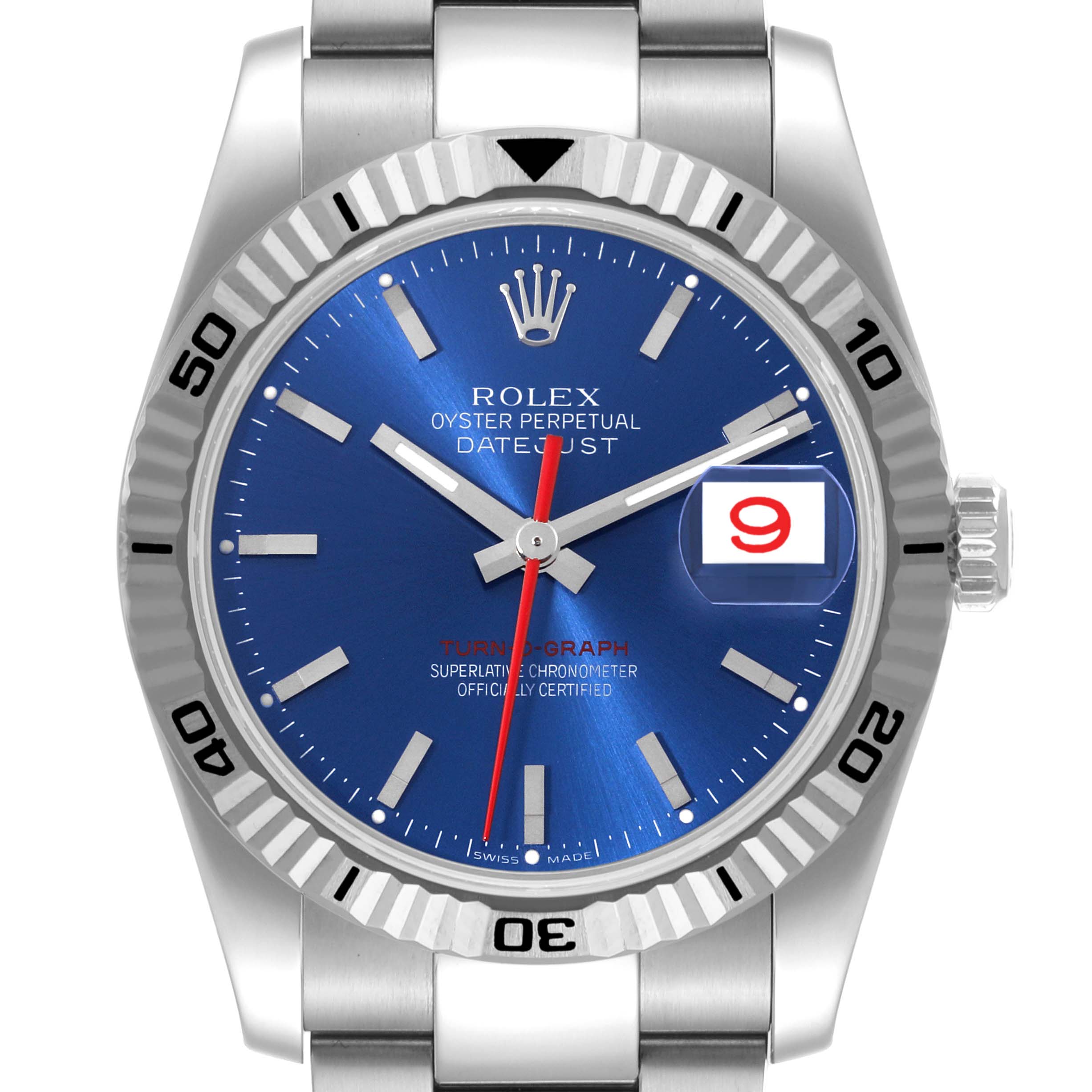 The image shows a front view of a Rolex Turn-o-Graph 116264 Men's Stainless Steel Blue Dial 116264 Men's Stainless Steel Blue Dial watch, highlighting its blue dial, fluted bezel, and date window.