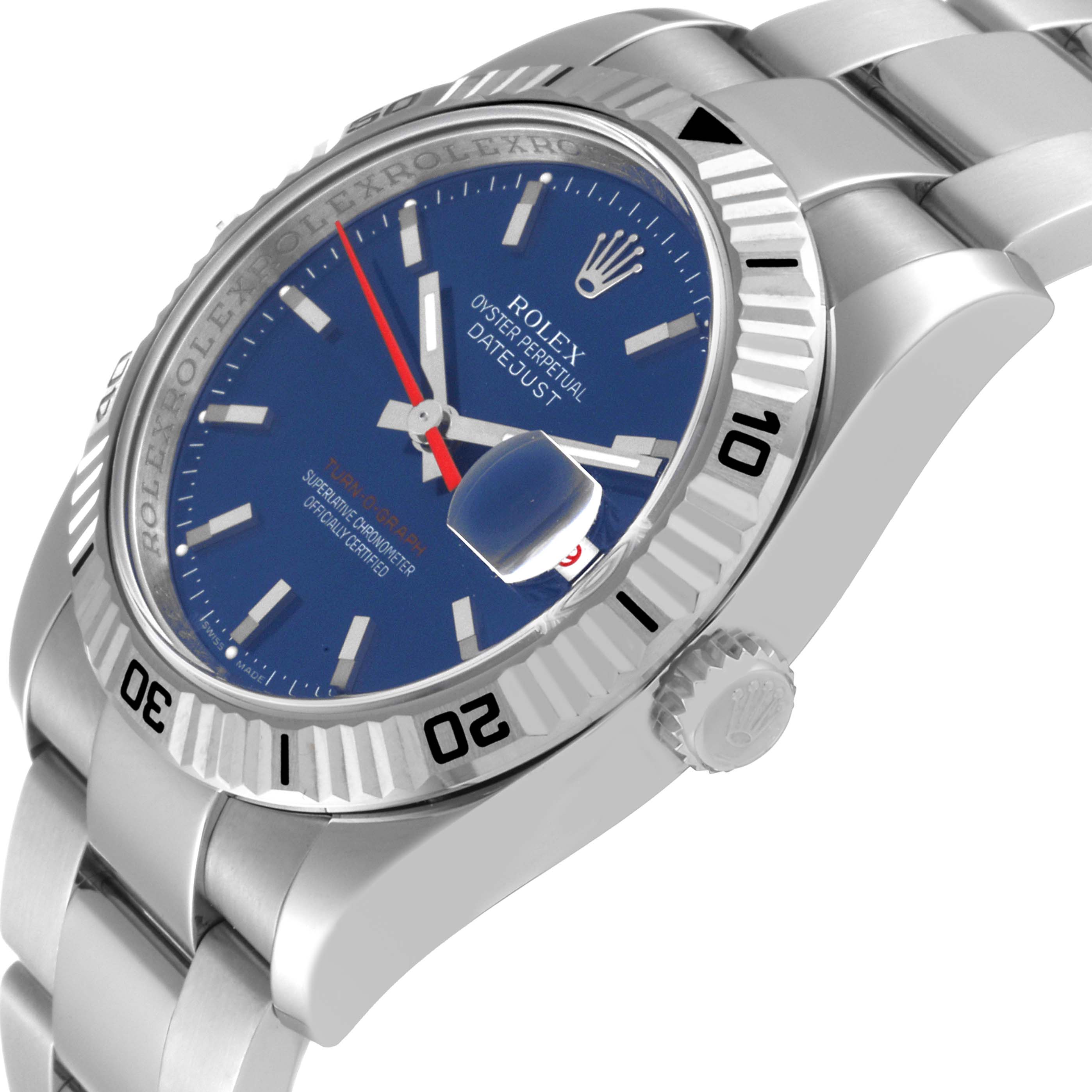 The Rolex Turn-o-Graph 116264 Men's Stainless Steel Blue Dial 116264 Men's Stainless Steel Blue Dial watch is shown at an angle highlighting its blue dial, stainless steel bracelet, and crown.